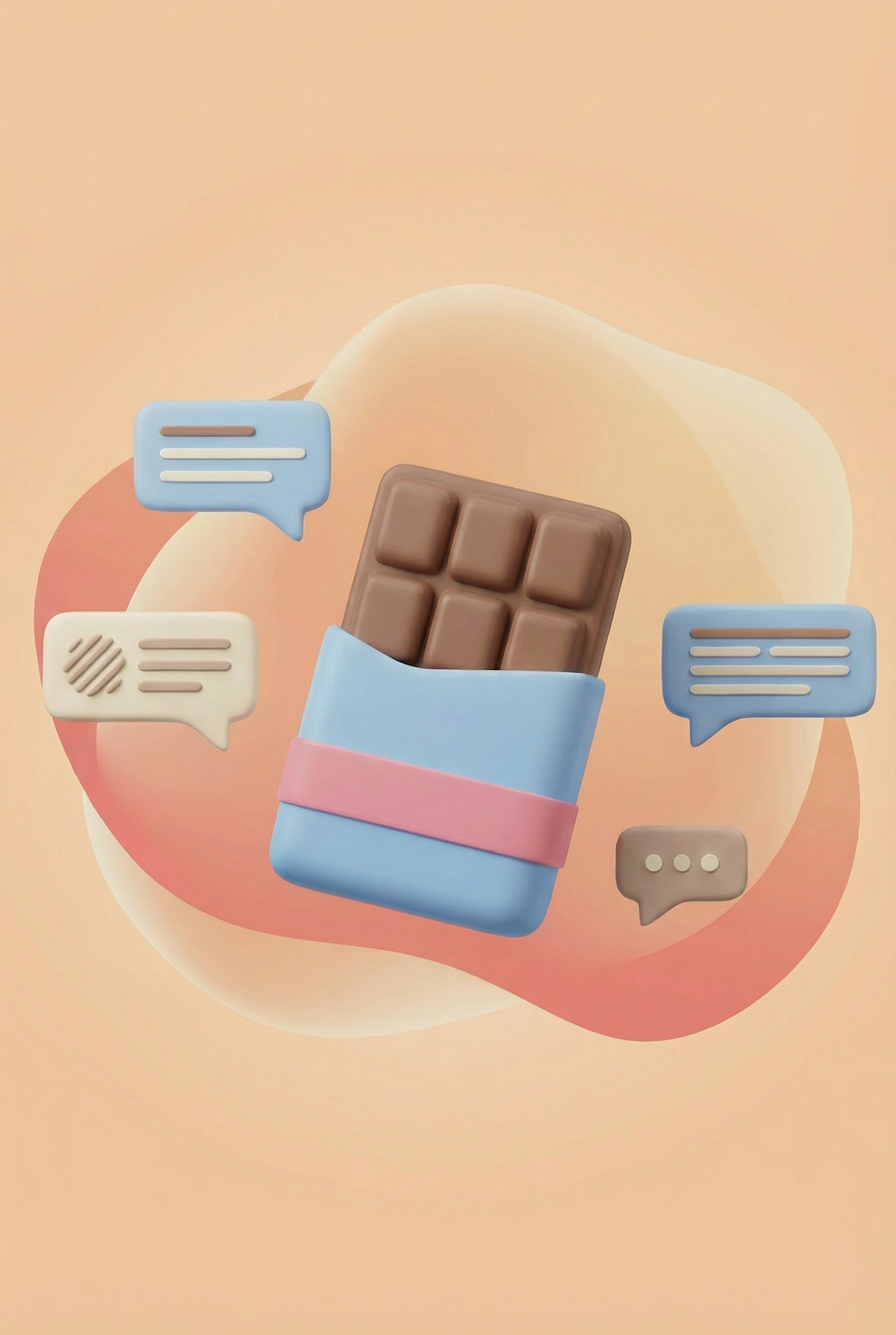 Čokoladna tablica z govornimi mehurčki na abstraktnem ozadju breskve.