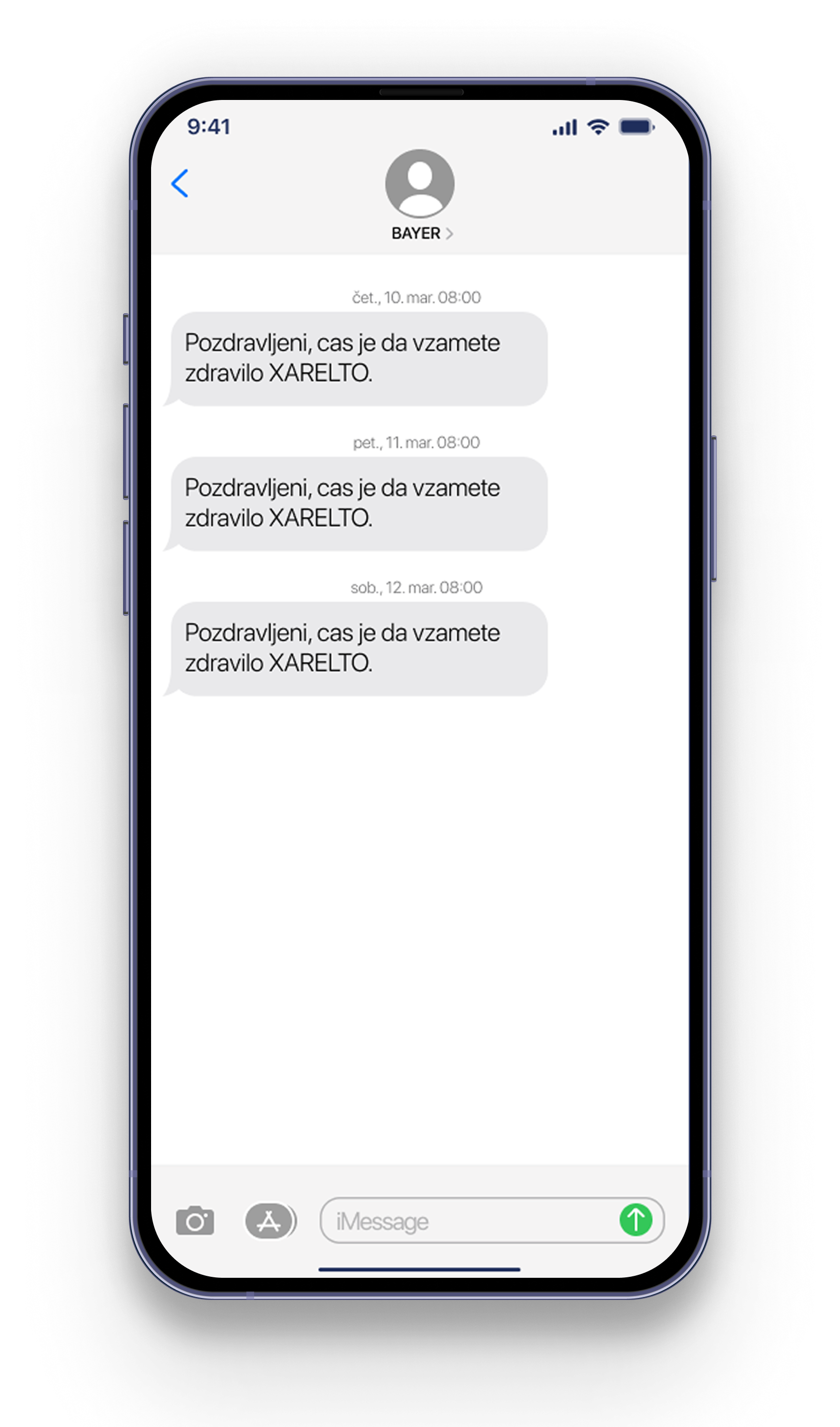 Pametni telefon prikazuje besedilni pogovor s tremi sporočili, vsako z isto izjavo.