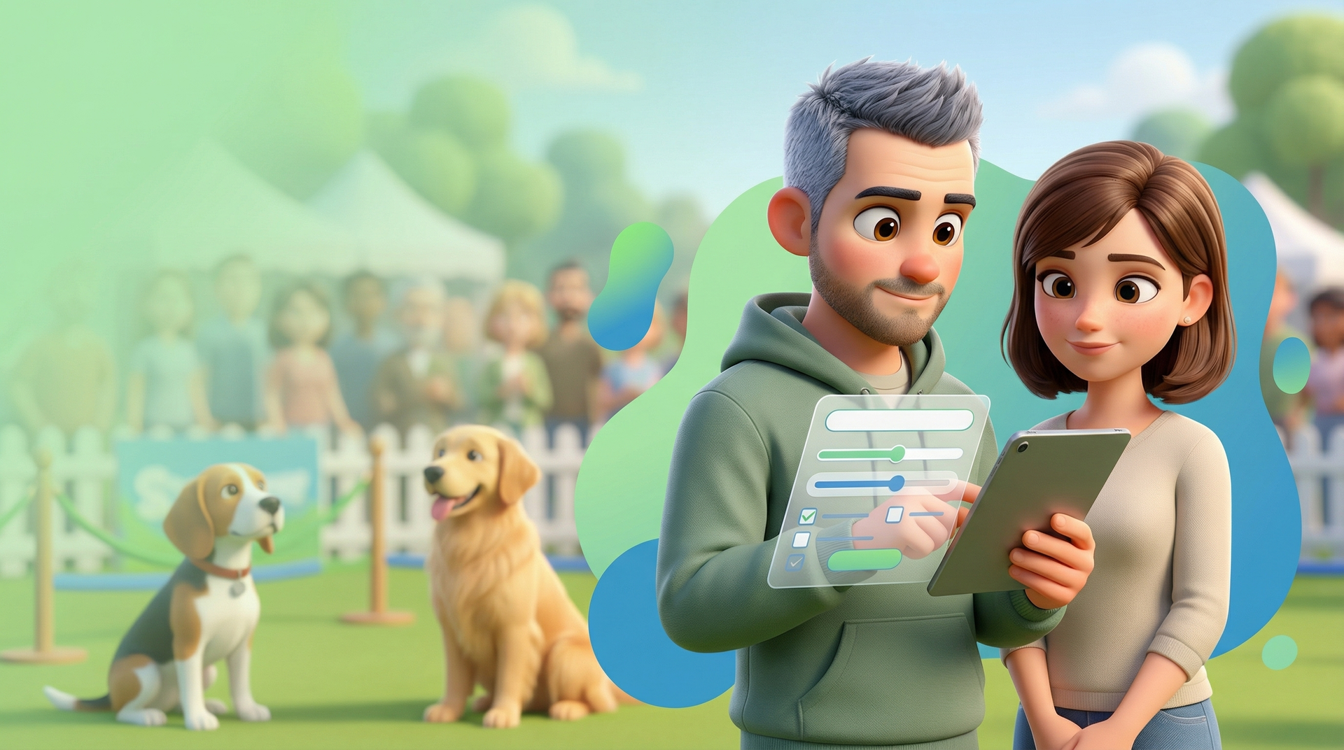 Par s psi gleda tablico v parku. Zeleni poudarki, ljudje v ozadju, sončno.