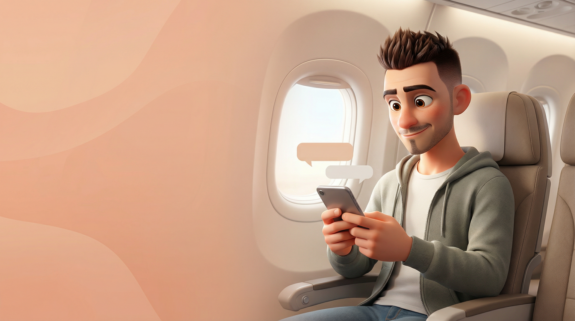 Animirani moški na letalu, ki uporablja telefon. Stoji blizu okna in se smeji. Bež sedeži in nežno oranžno ozadje.