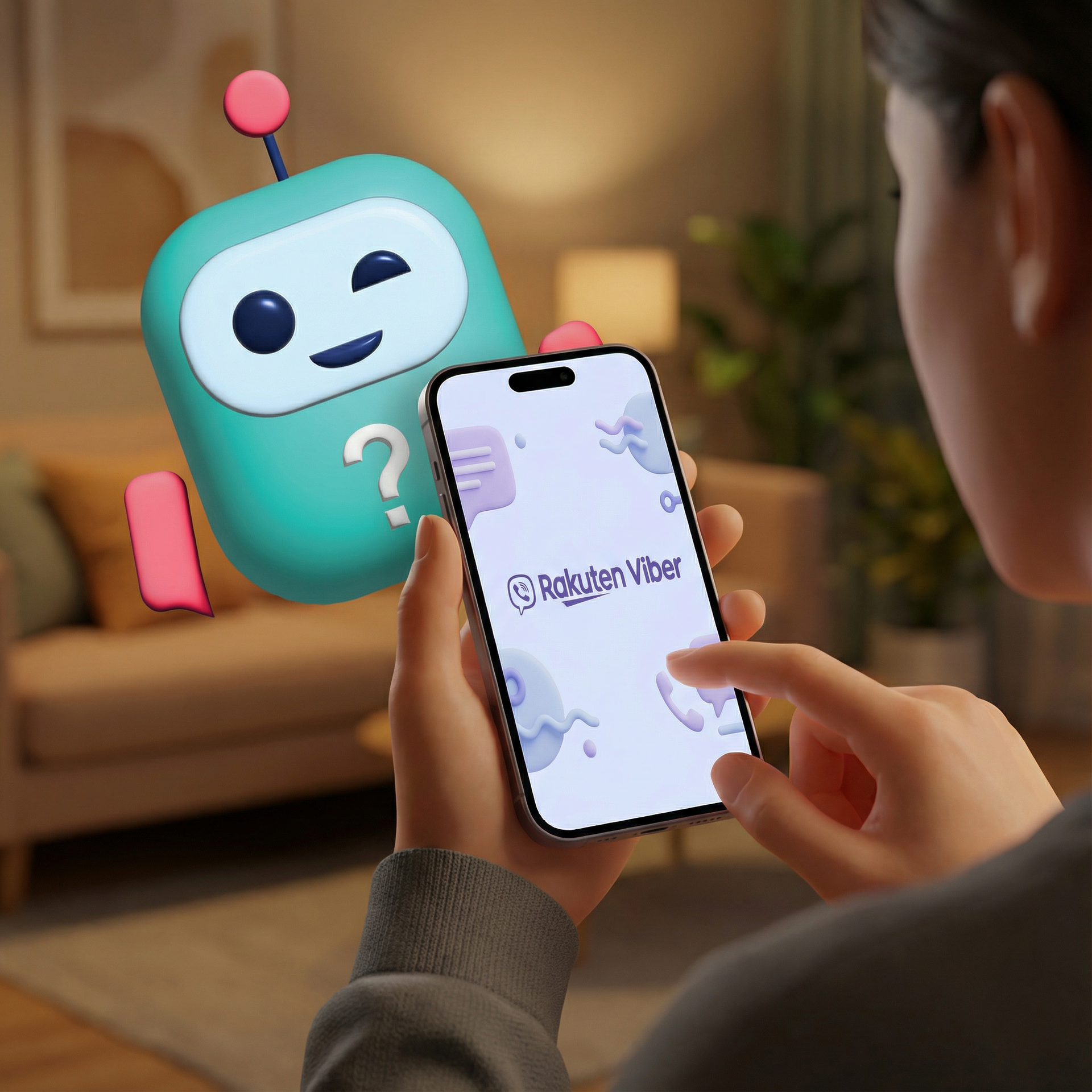 Oseba, ki uporablja telefon z aplikacijo Rakuten Viber, v spremstvu tirkiznega robota z vprašajem.