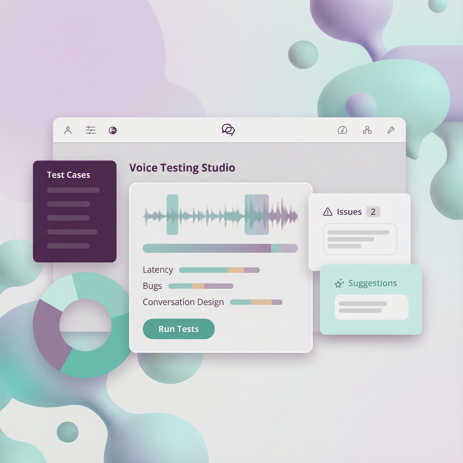 Vmesnik studia za testiranje glasu z obliko valov, grafikoni in vrsticami napredka.