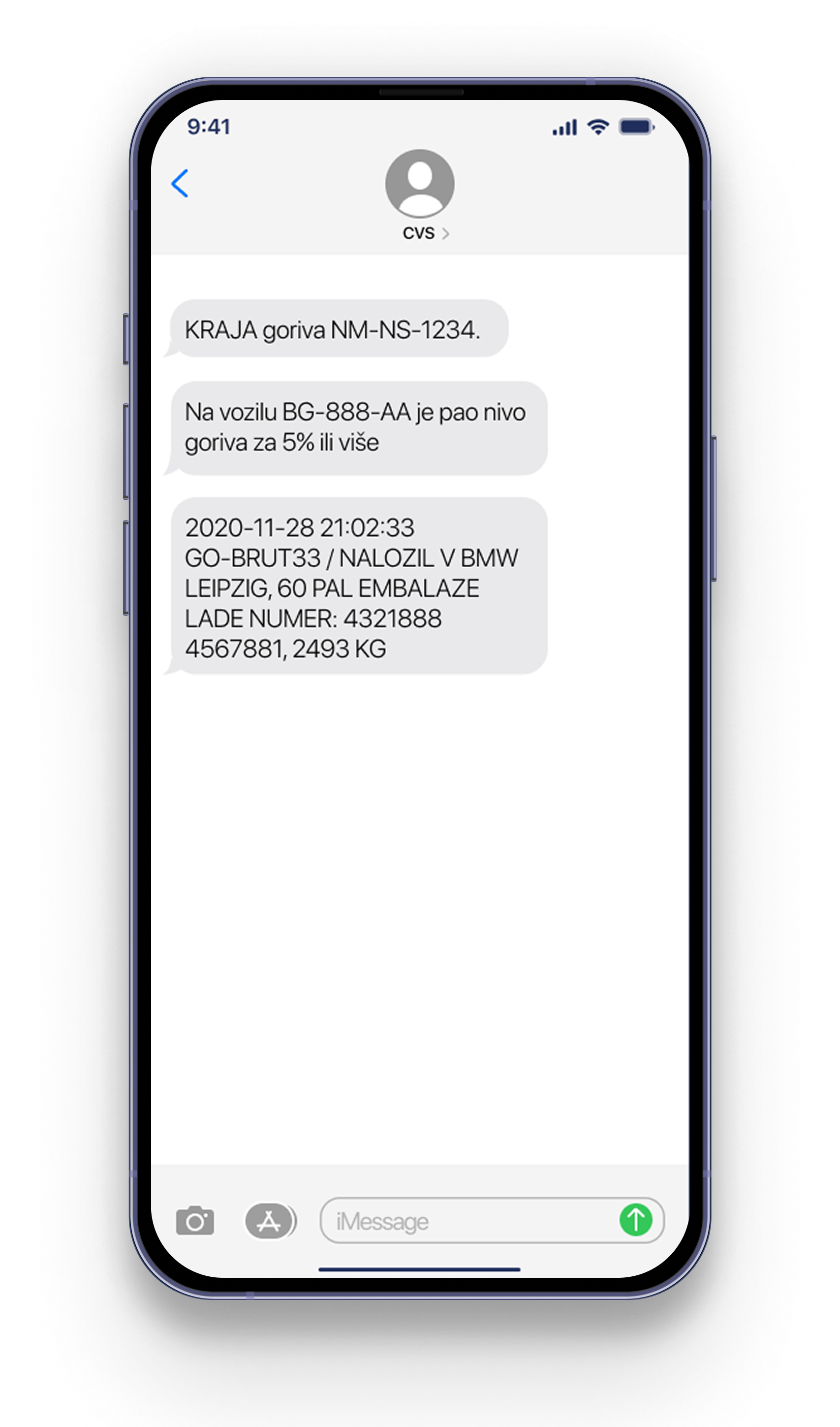 Zaslon pametnega telefona, ki prikazuje pogovor prek besedilnih sporočil, z belim ozadjem in modrim ohišjem telefona.