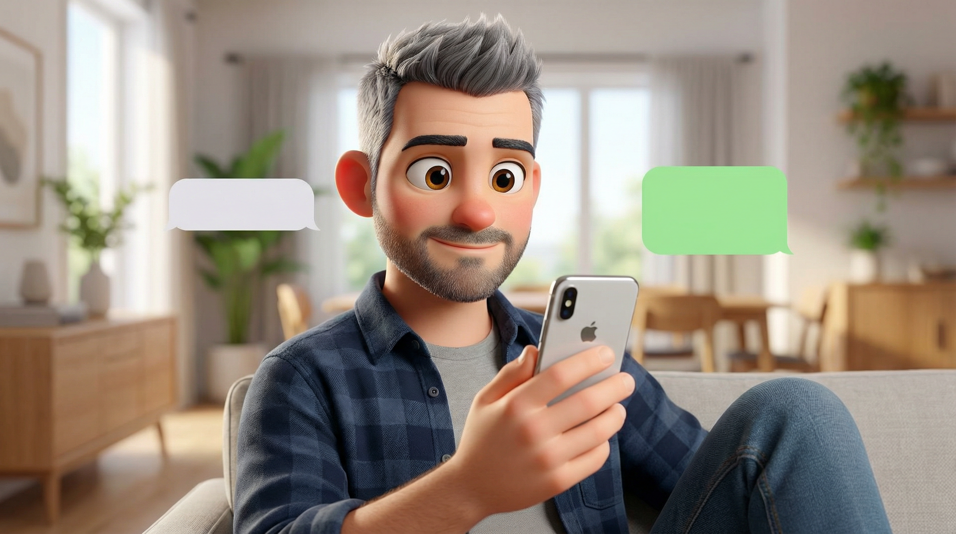 Animirani moški v dnevni sobi, ki se smeji v telefon z mehurčki besedila.