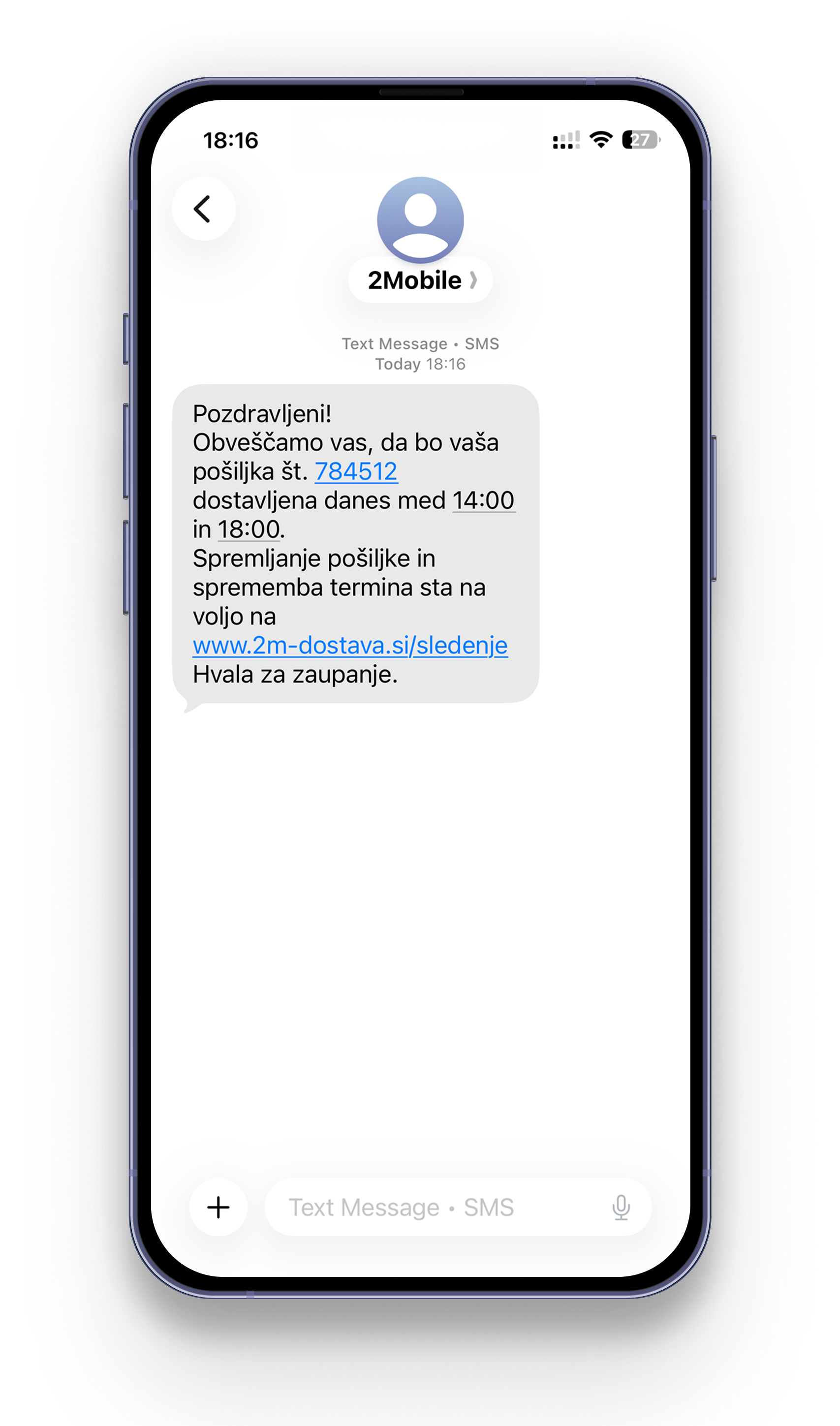 Pametni telefon prikazuje besedilno sporočilo od »Zacarias«. Sporočilo ponuja povezavo do službe za stranke.
