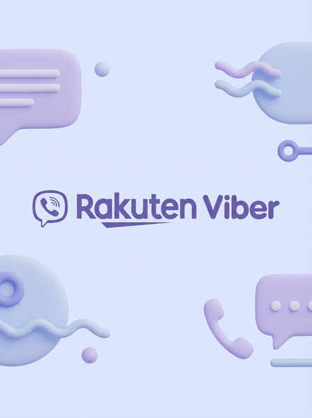 Logotip Rakuten Viber s pastelnimi govornimi mehurčki in ikonami telefona na svetlo modri podlagi.