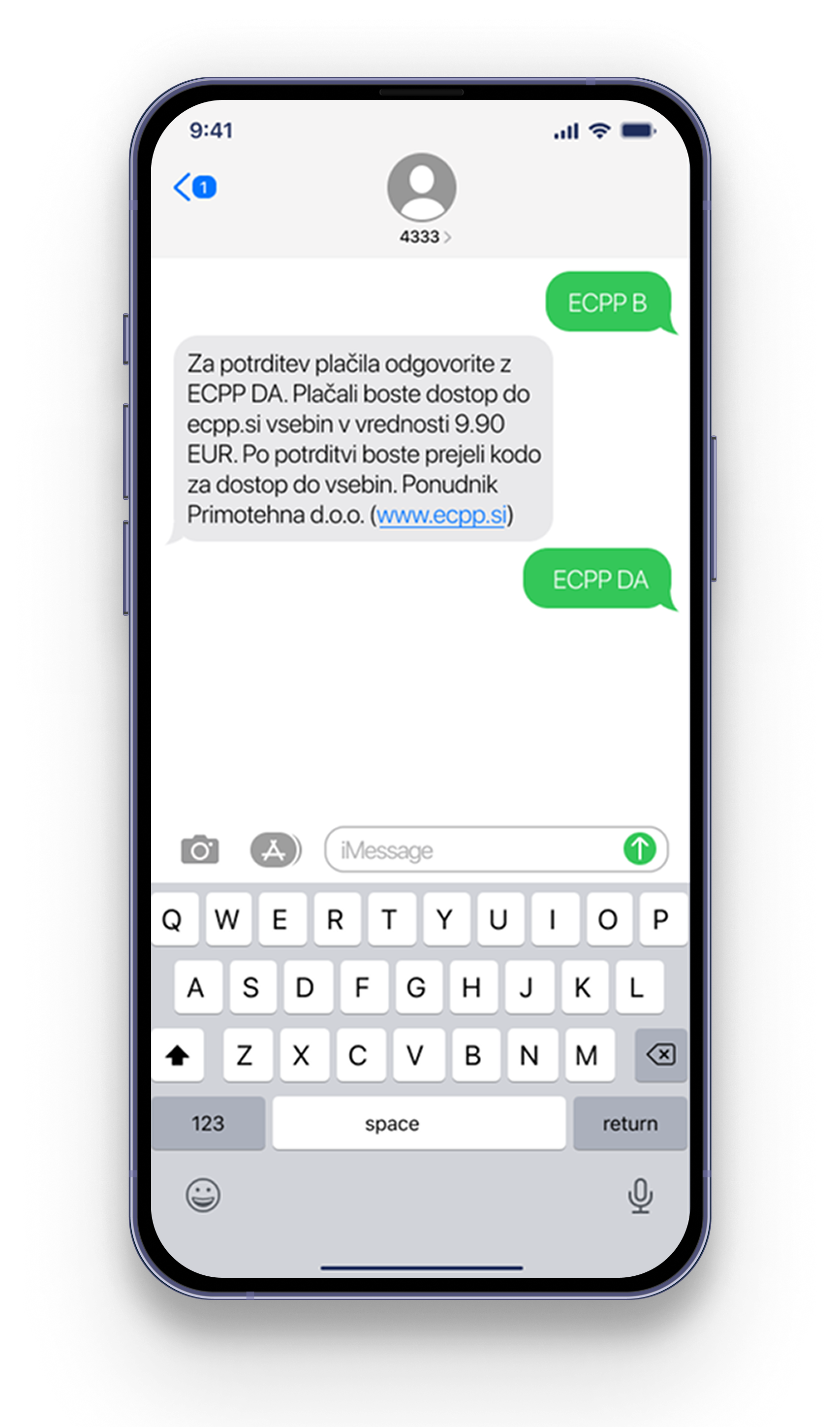 Posnetek zaslona telefona, ki prikazuje pogovor prek besedilnega sporočila, eno z vprašanjem in odgovorom »RAZUMEM«.