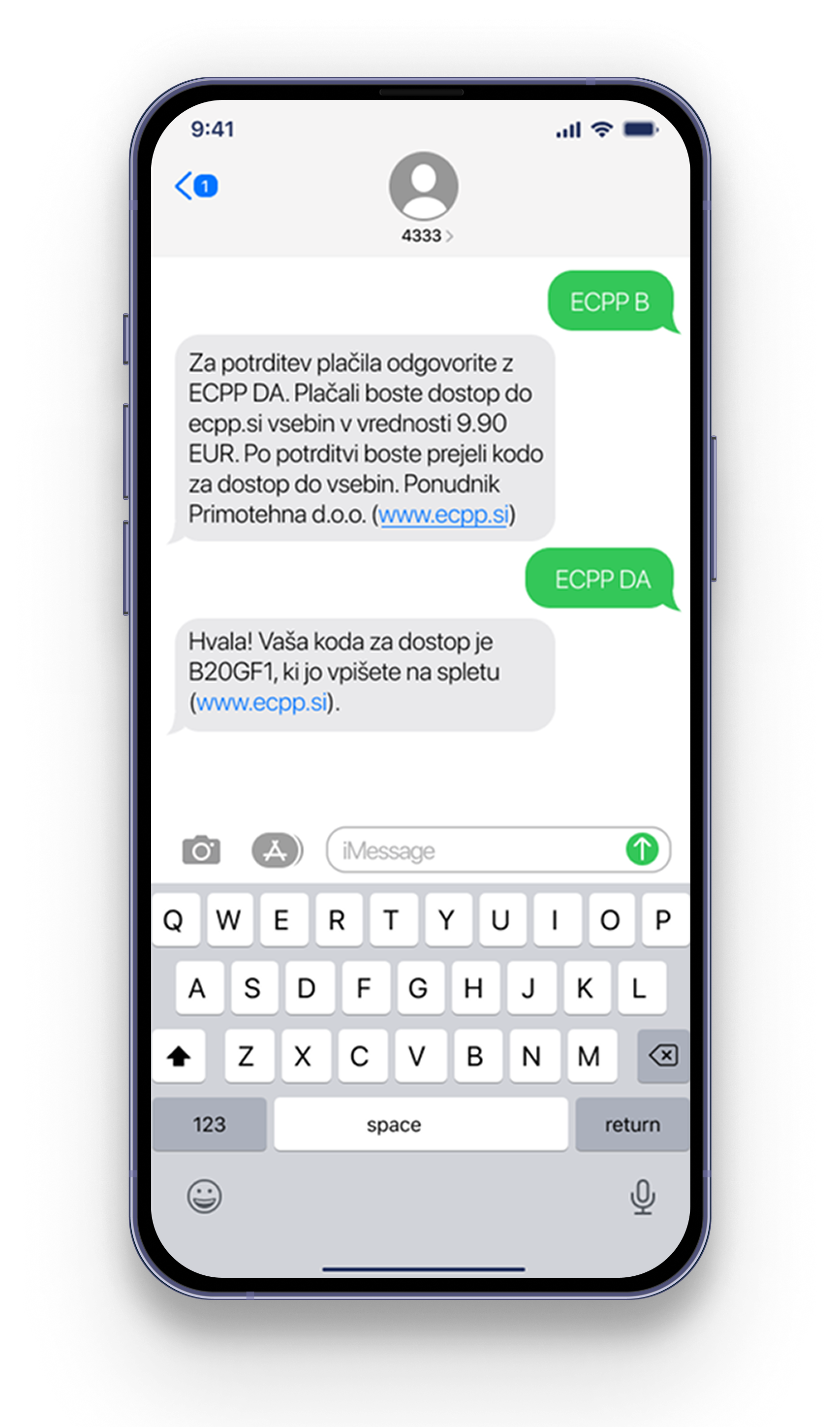 Pametni telefon, ki prikazuje besedilni pogovor o transakciji in povezavo do spletnega mesta.
