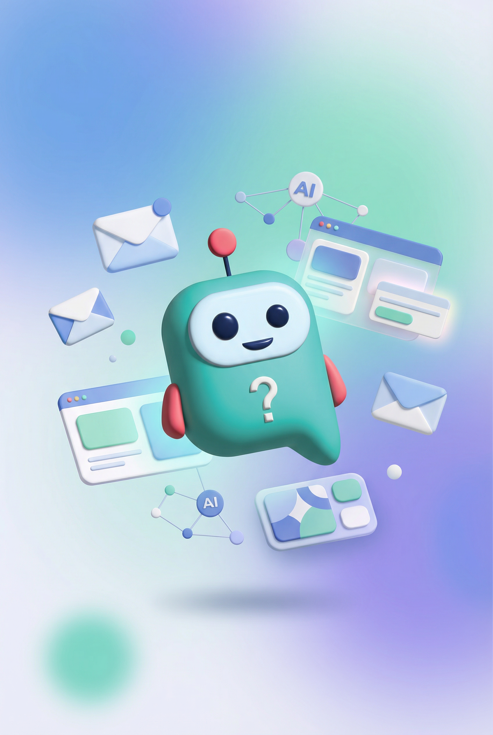3D turkizni robot z vprašajem na prsih, obdan s plavajočimi ikonami e-pošte in spletnih strani, na pastelnem gradientu.