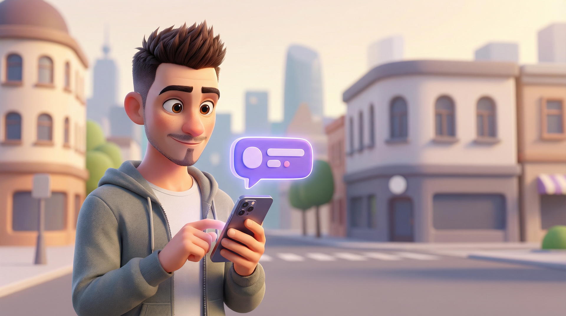 Moški drži pametni telefon in gleda lebdeči mehurček s sporočili na prostem v mestnem okolju.