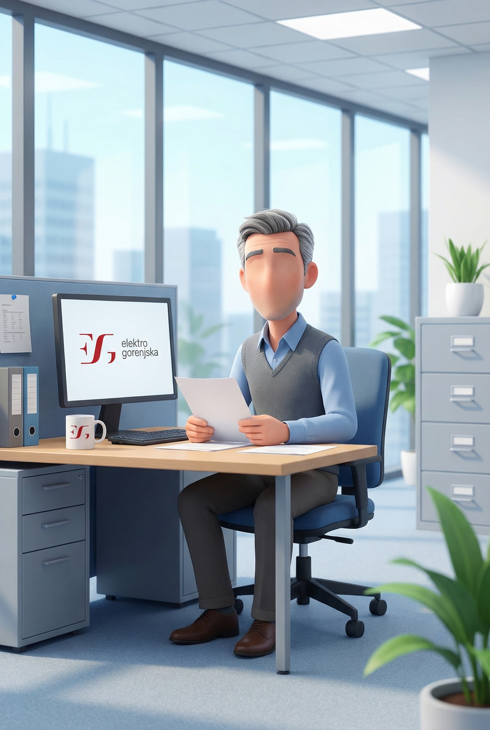 Moški v pisarni bere dokumente za mizo z računalnikom in omaro za dokumente.