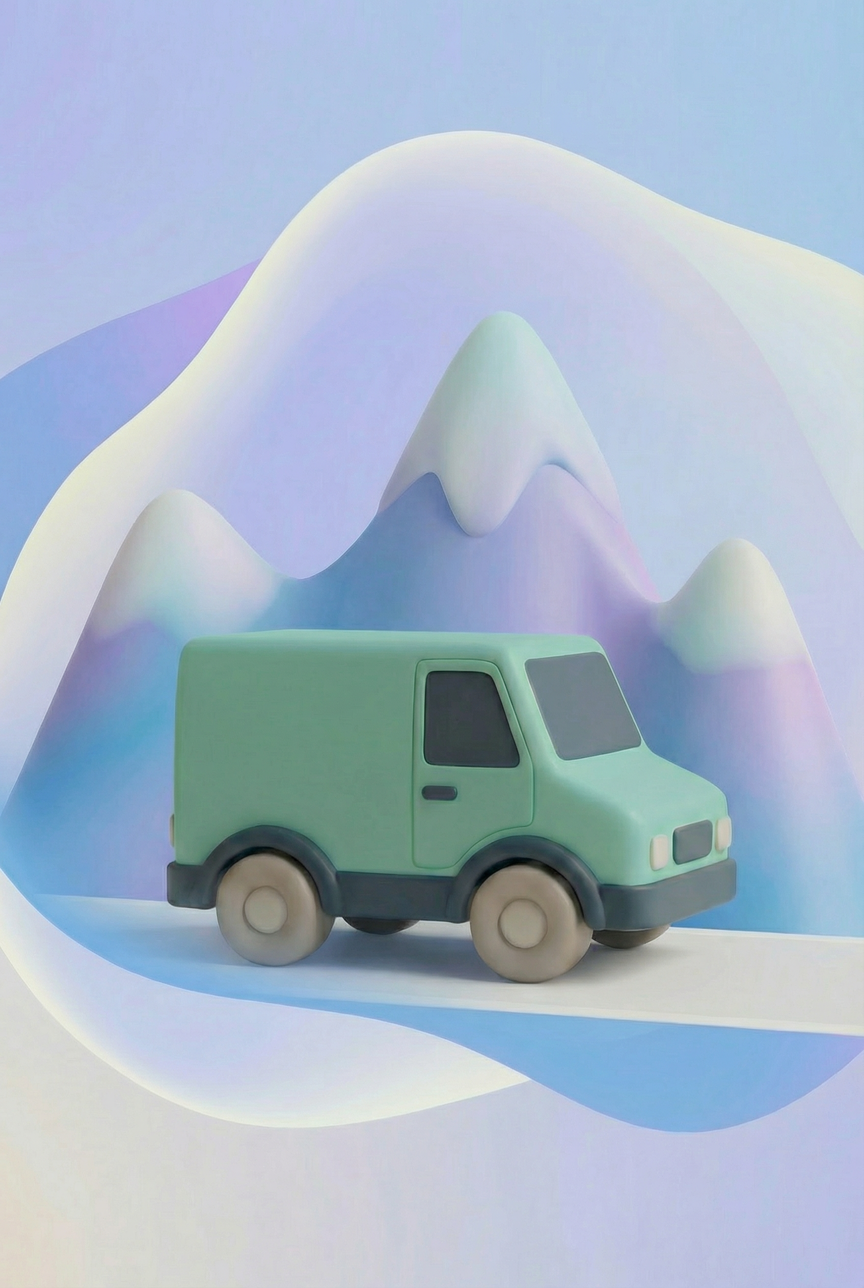 Zelena igračka kombi pred stiliziranimi modrimi in vijoličnimi gorami.