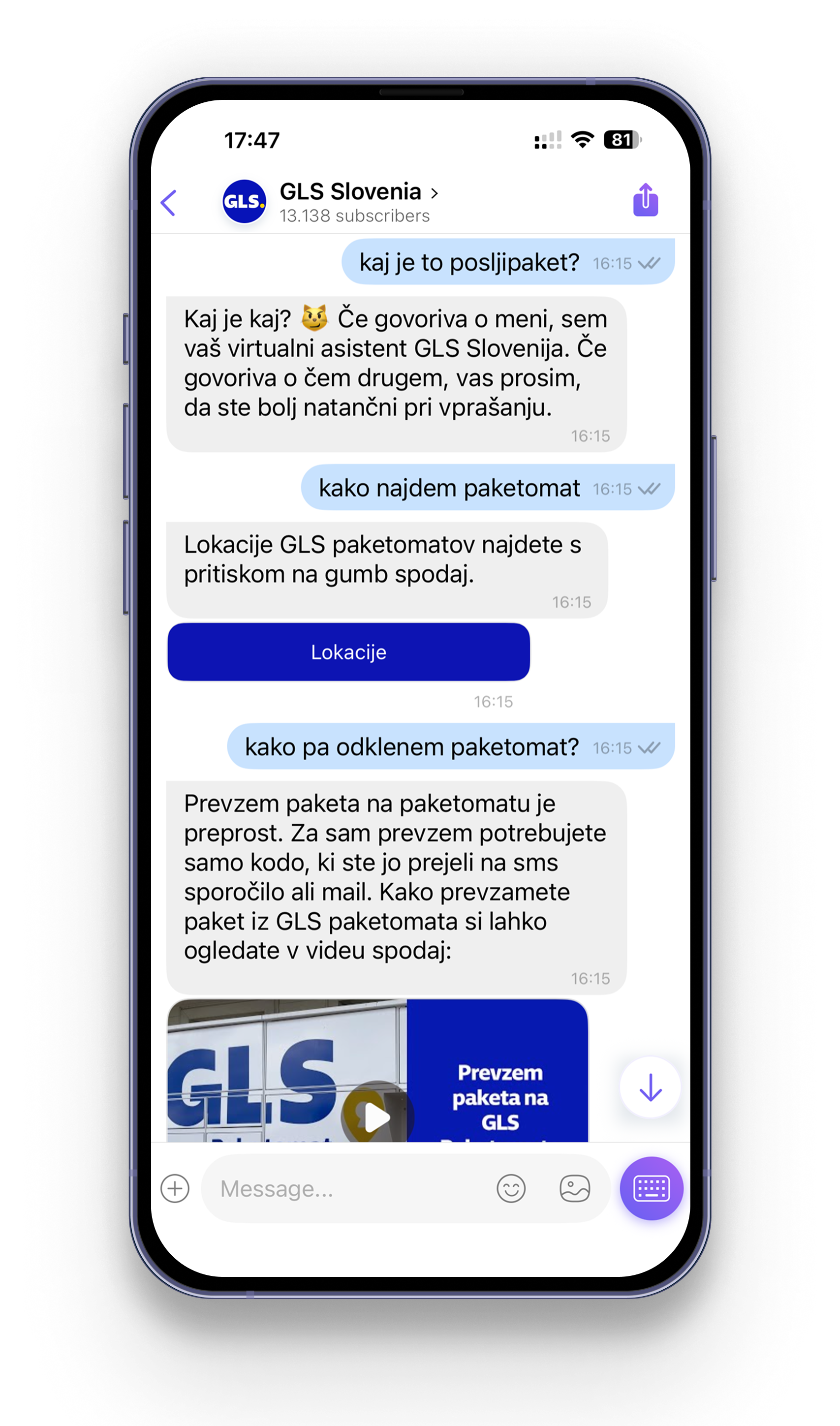 Pametni telefon, ki prikazuje pogovor GLS Messenger s posodobitvami sledenja in videoposnetkom.