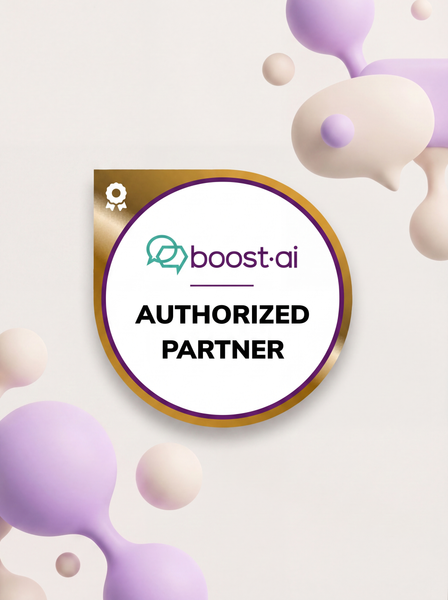 Logotip za boost.ai, vijolično-bela oblika govornega mehurčka. V ozadju so svetlo vijolični in beli mehurčki in oblike.