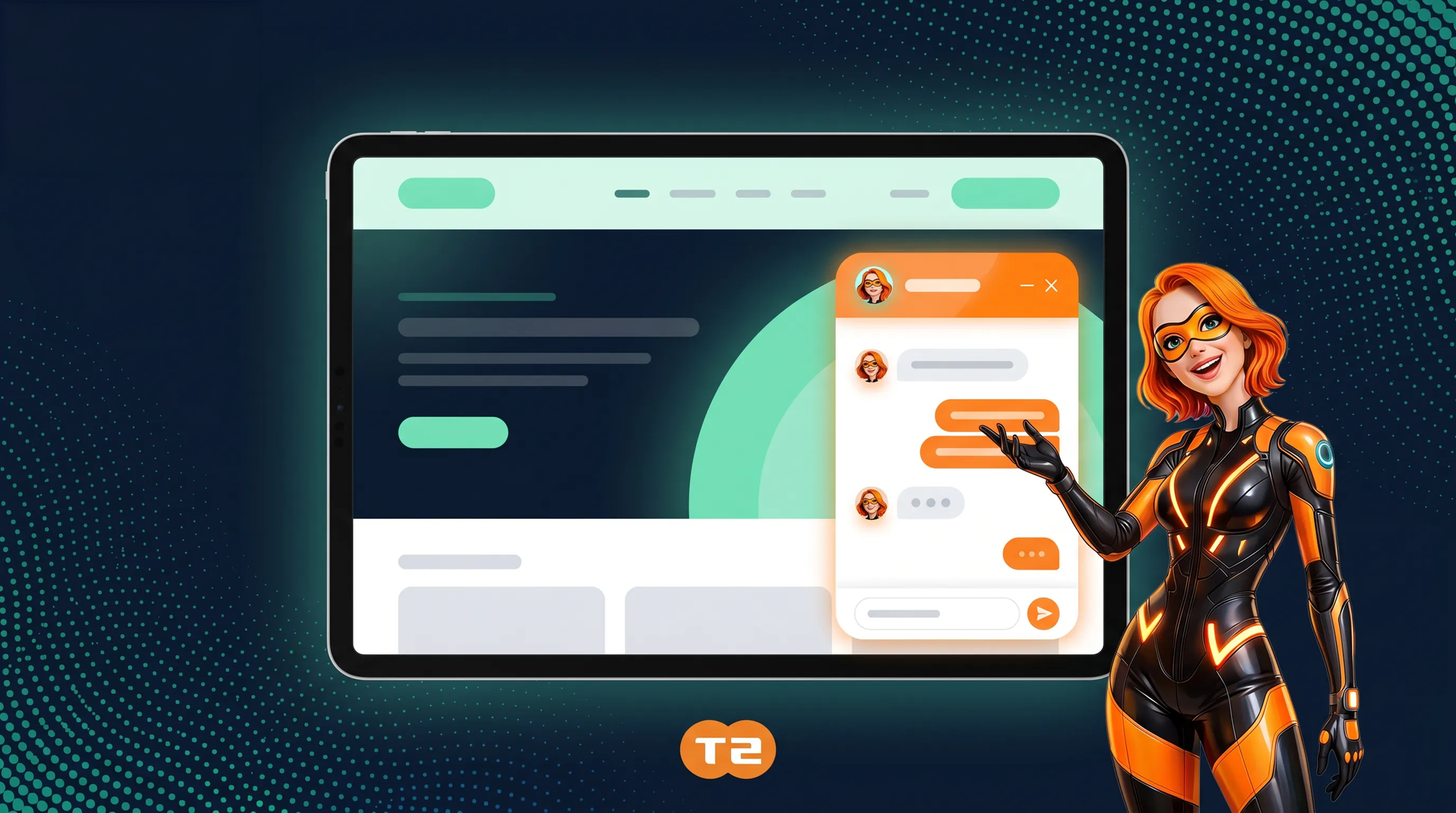 Stylized app interface with a hand tapping a mobile phone screen beside a cartoon worker figure