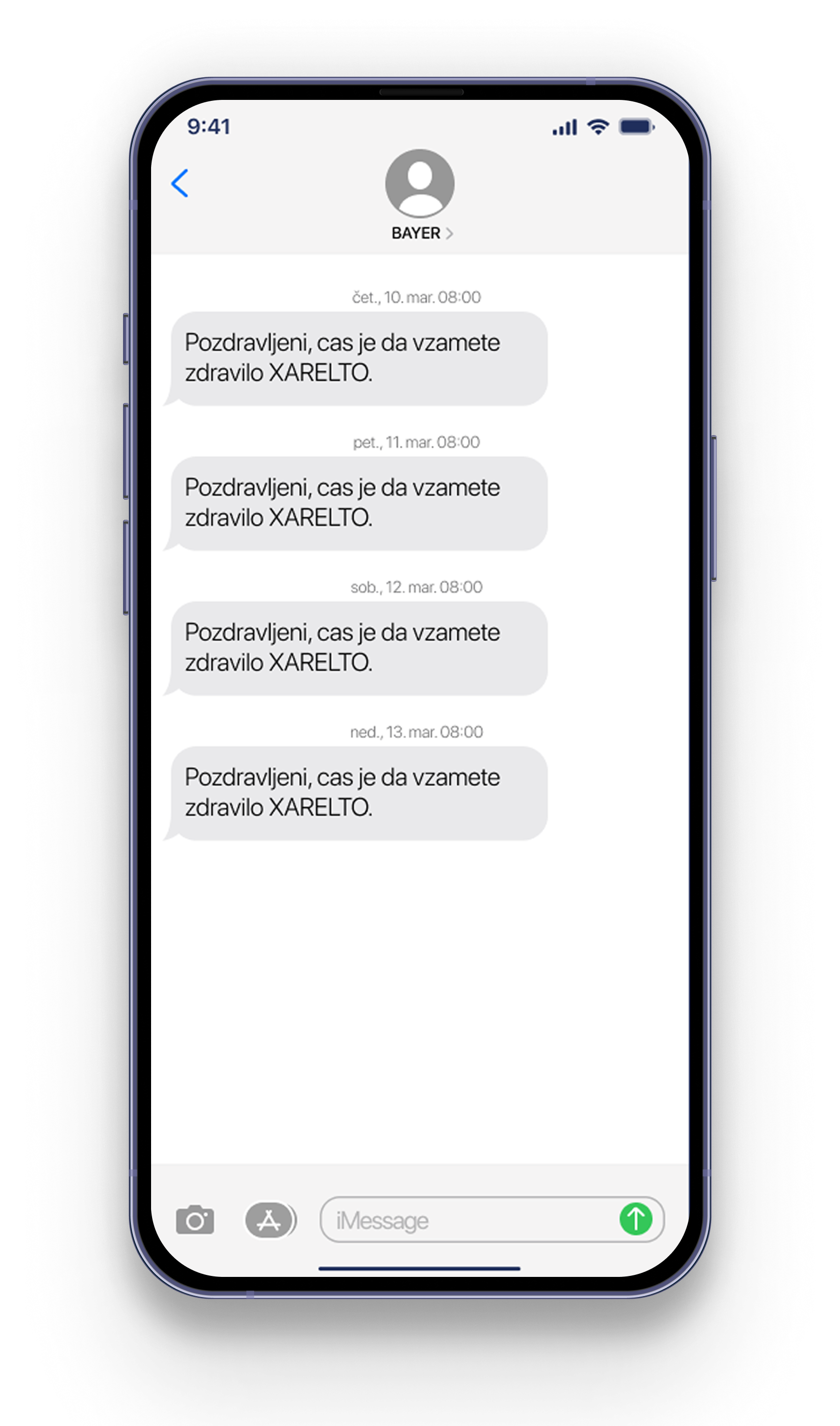 Pametni telefon prikazuje besedilni pogovor s štirimi sporočili, od katerih vsako vsebuje isto besedilo.