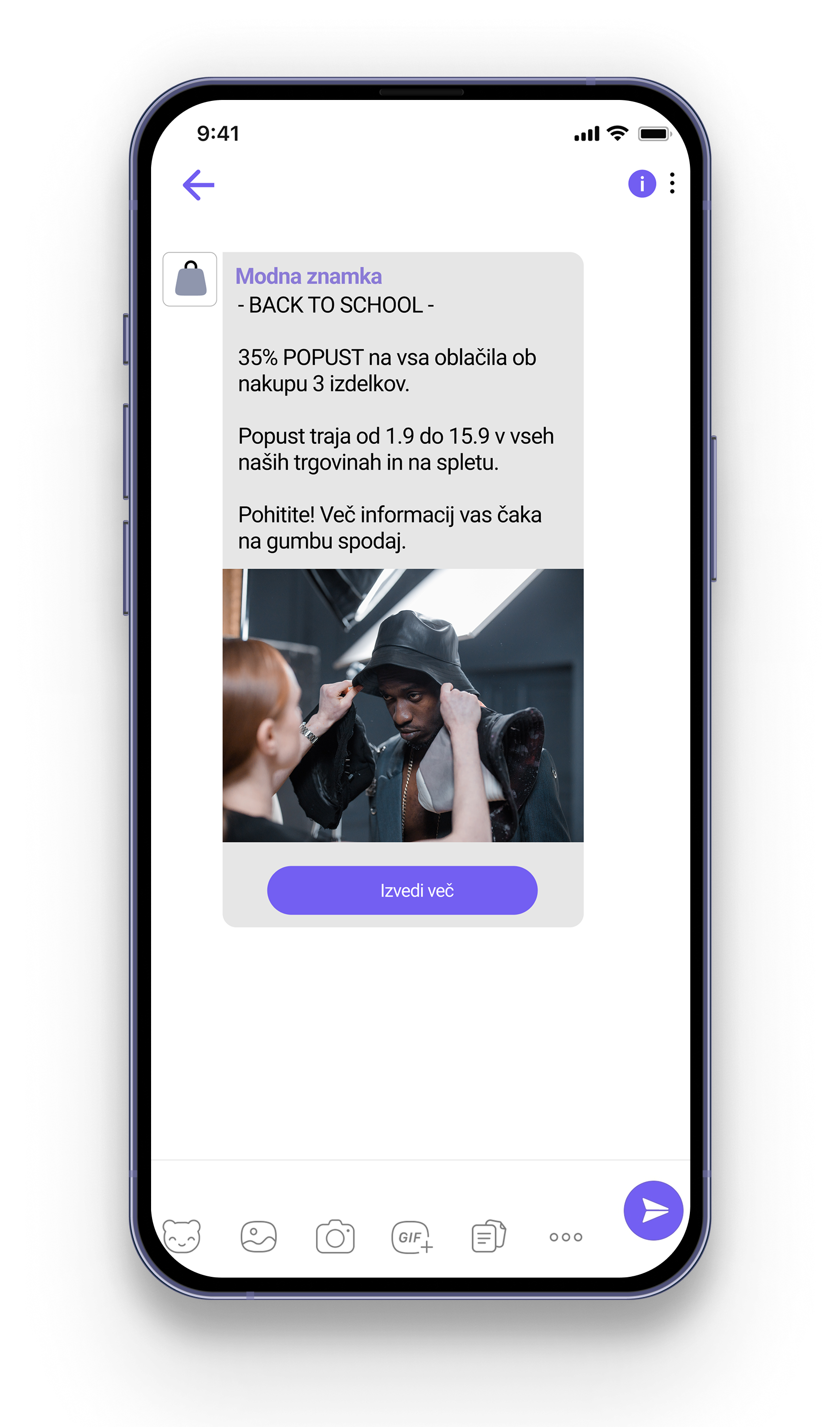 Mobilni telefon, ki prikazuje besedilno sporočilo z video vsebino, vključno s sličico in gumbom »Predvajaj«.