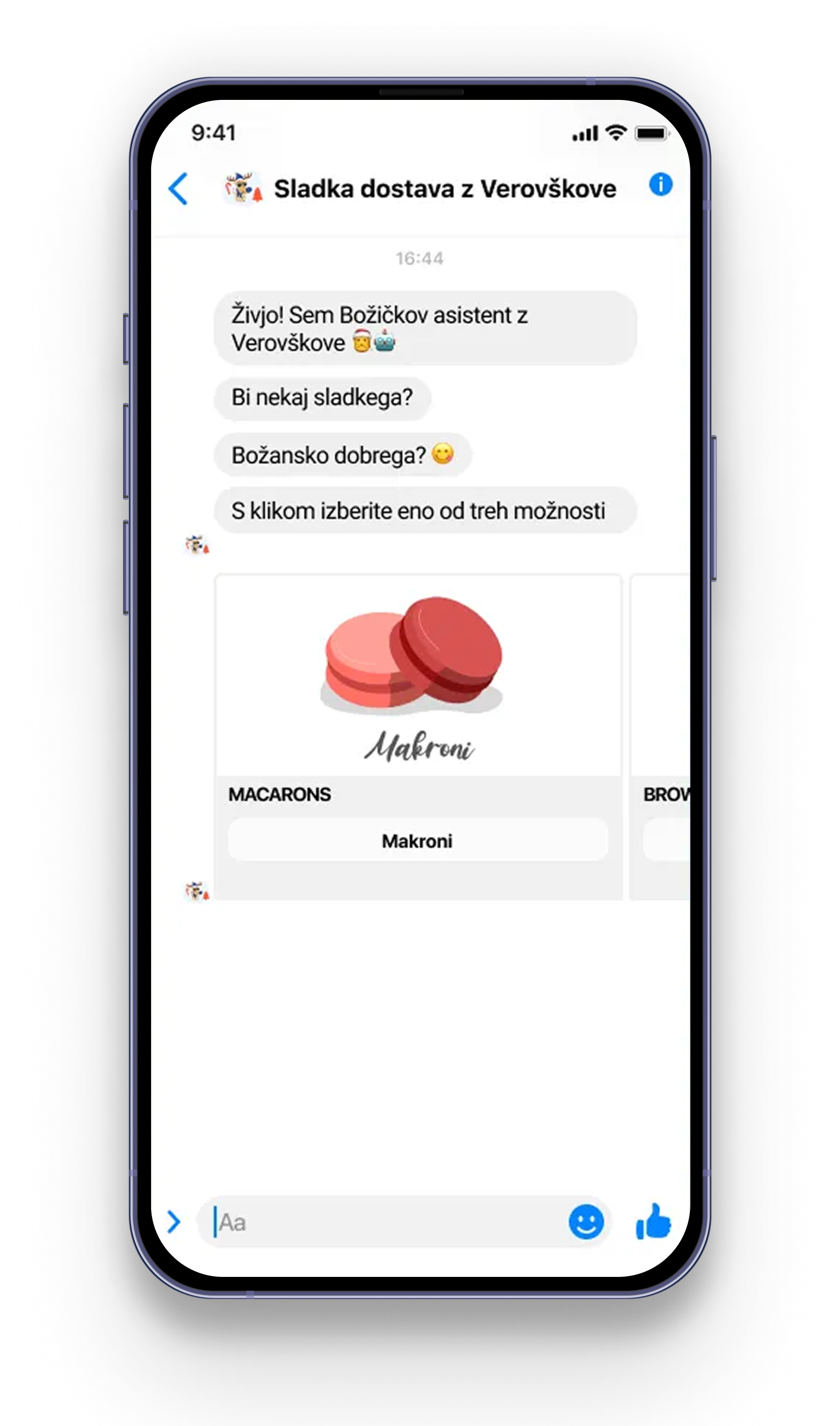 Mobilni telefon prikazuje besedilni pogovor s sliko makrona in možnostmi spodaj.
