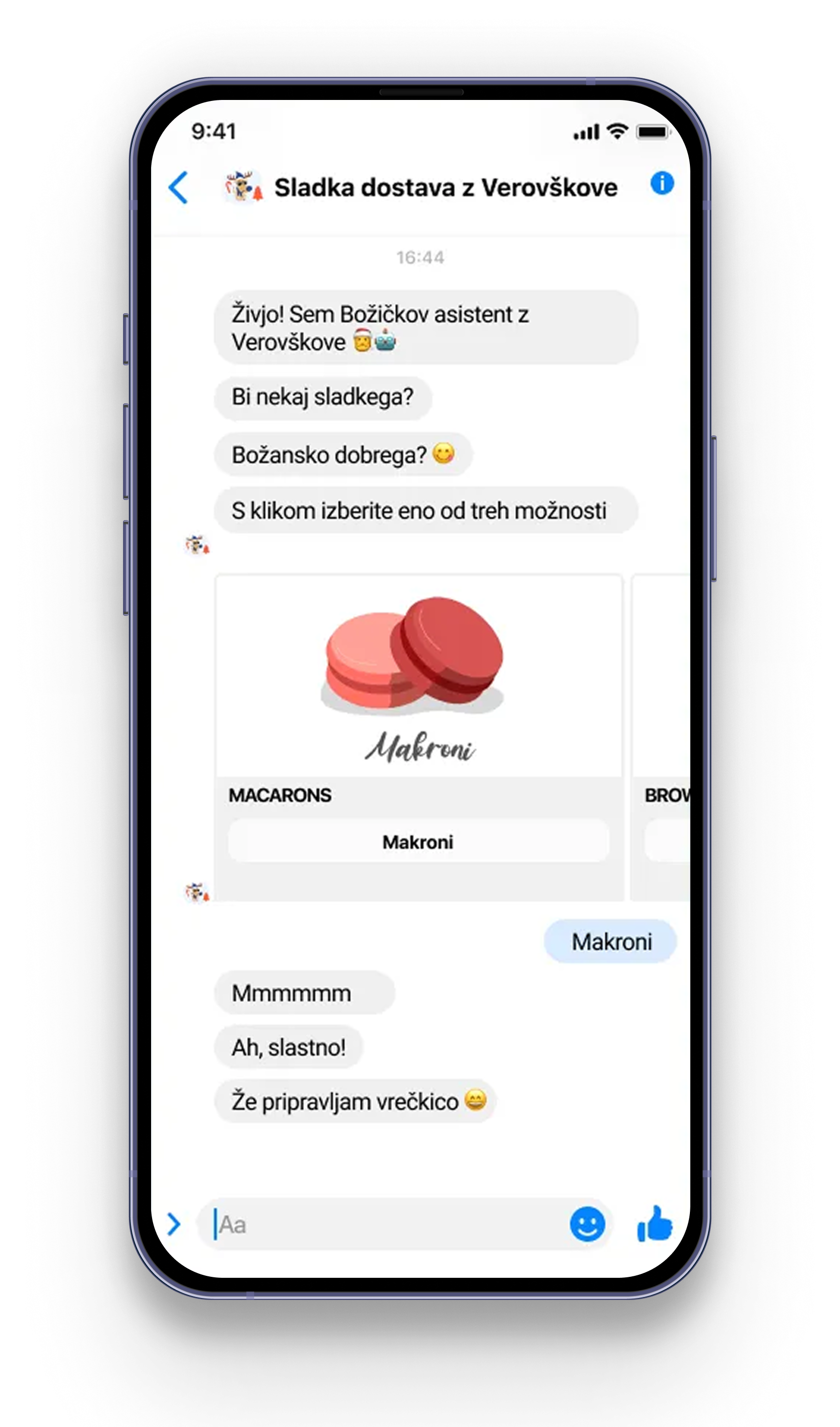 Zaslon telefona prikazuje klepet s sporočili o makronih, s sliko dveh rožnatih in rdečih makronov.