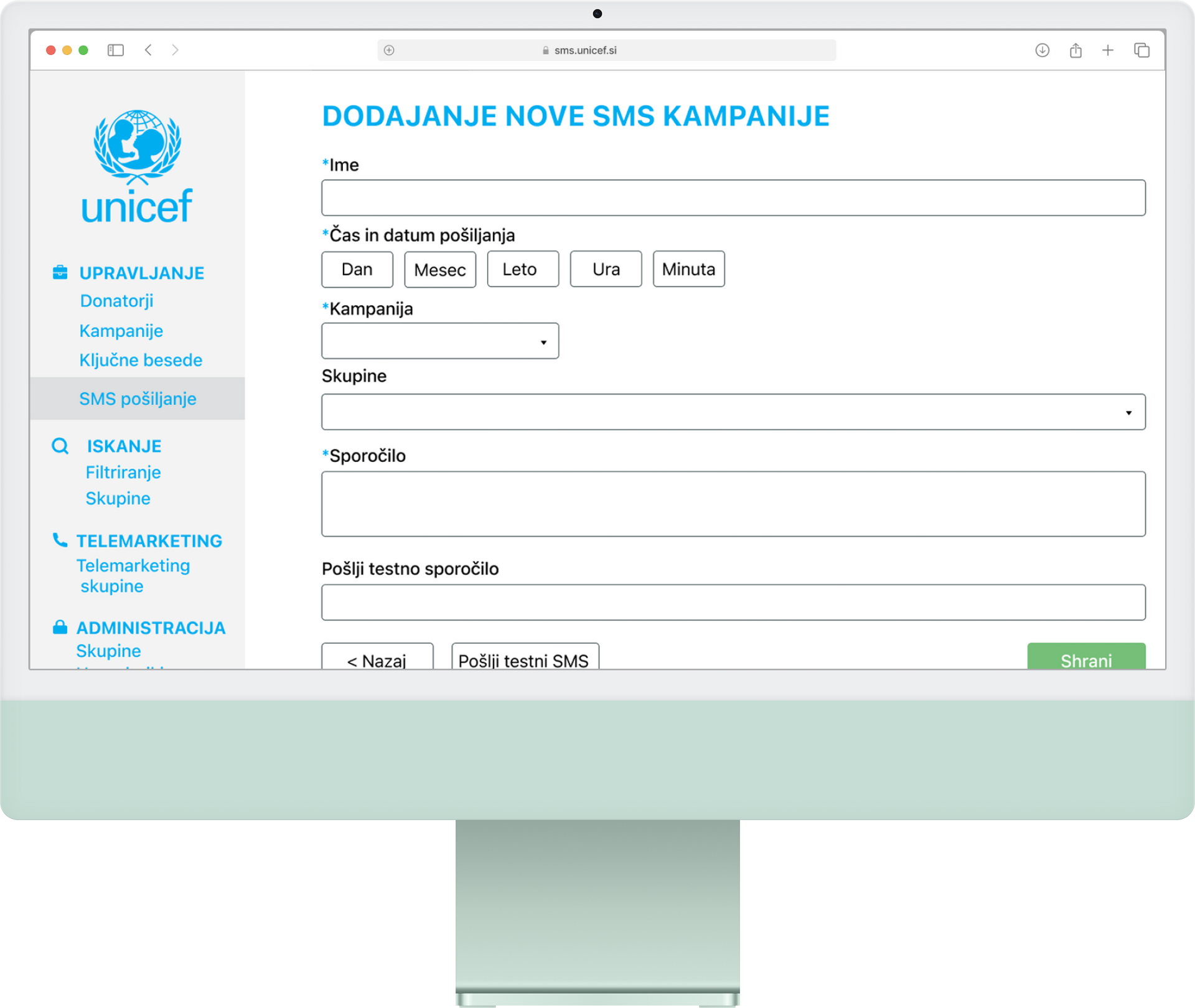 Posnetek zaslona spletne strani UNICEF-a za ustvarjanje nove SMS kampanje. Obrazec s polji za naslov, vsebino in urnik.