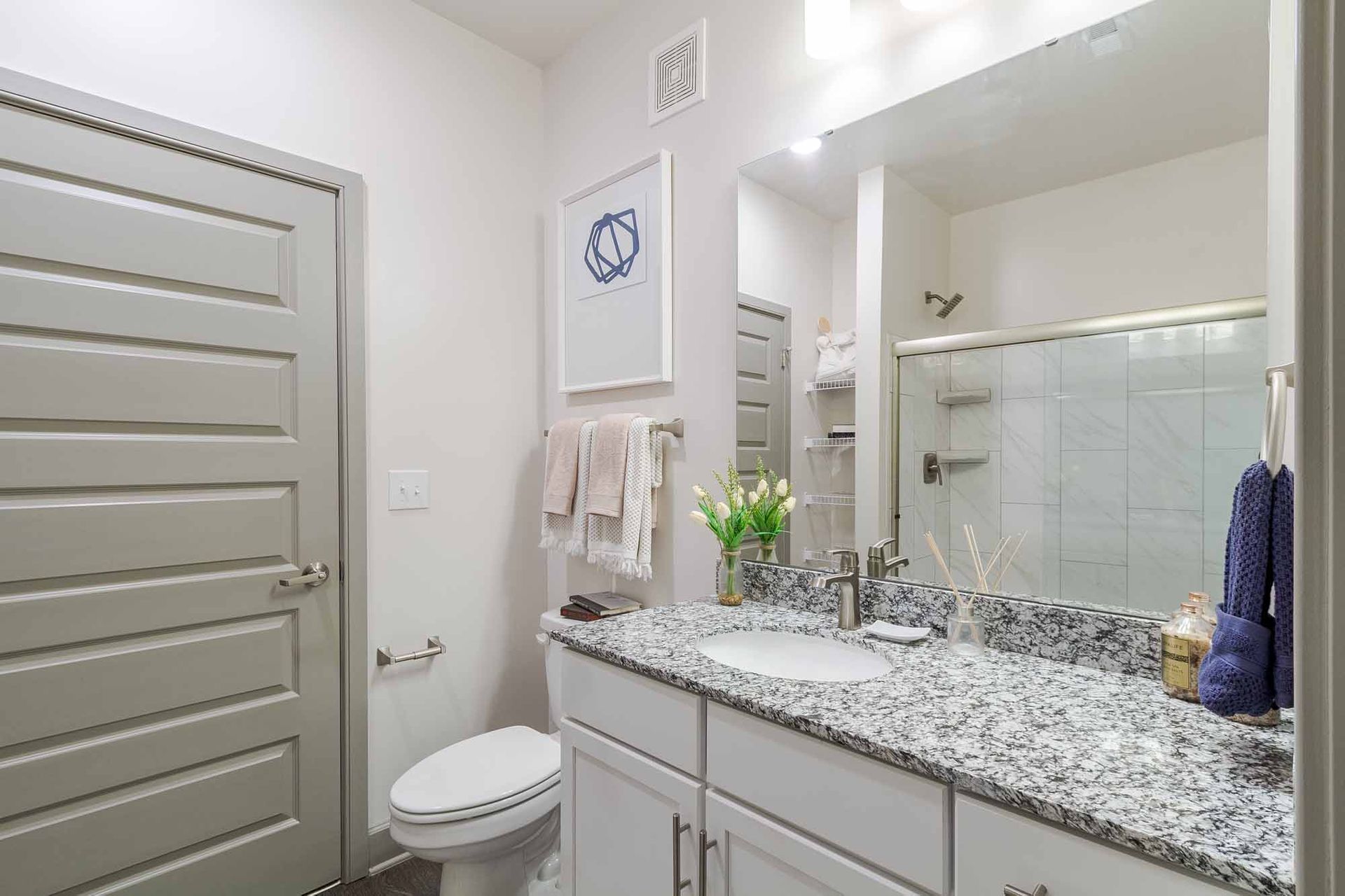 Bathroom with white vanity, gray granite countertop, toilet, mirror, and shower.