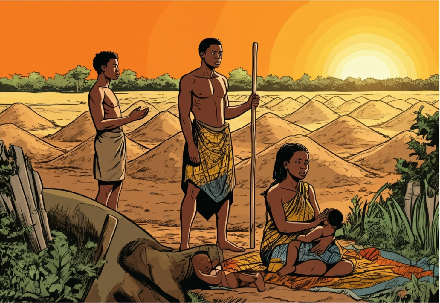 An illustration of a group of people talking on farmland.