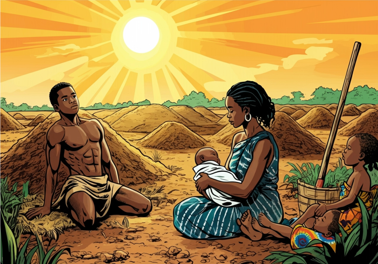 An illustration of a family resting on their farm holding a new baby.