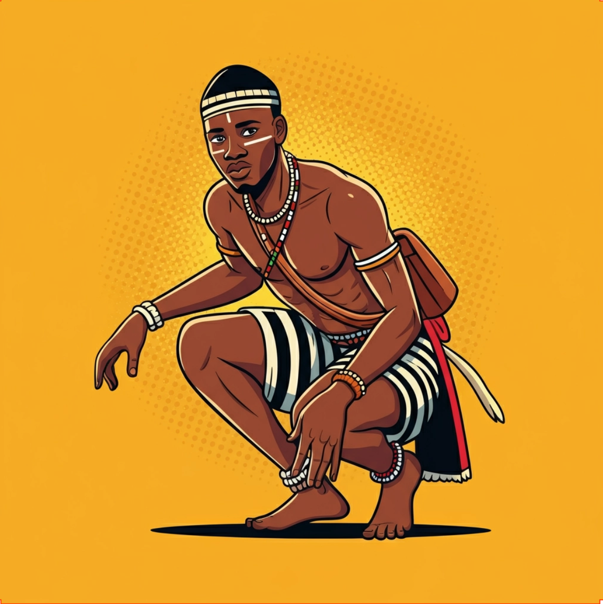 A man without a shirt is squatting down wearing a black and white striped loin cloth.