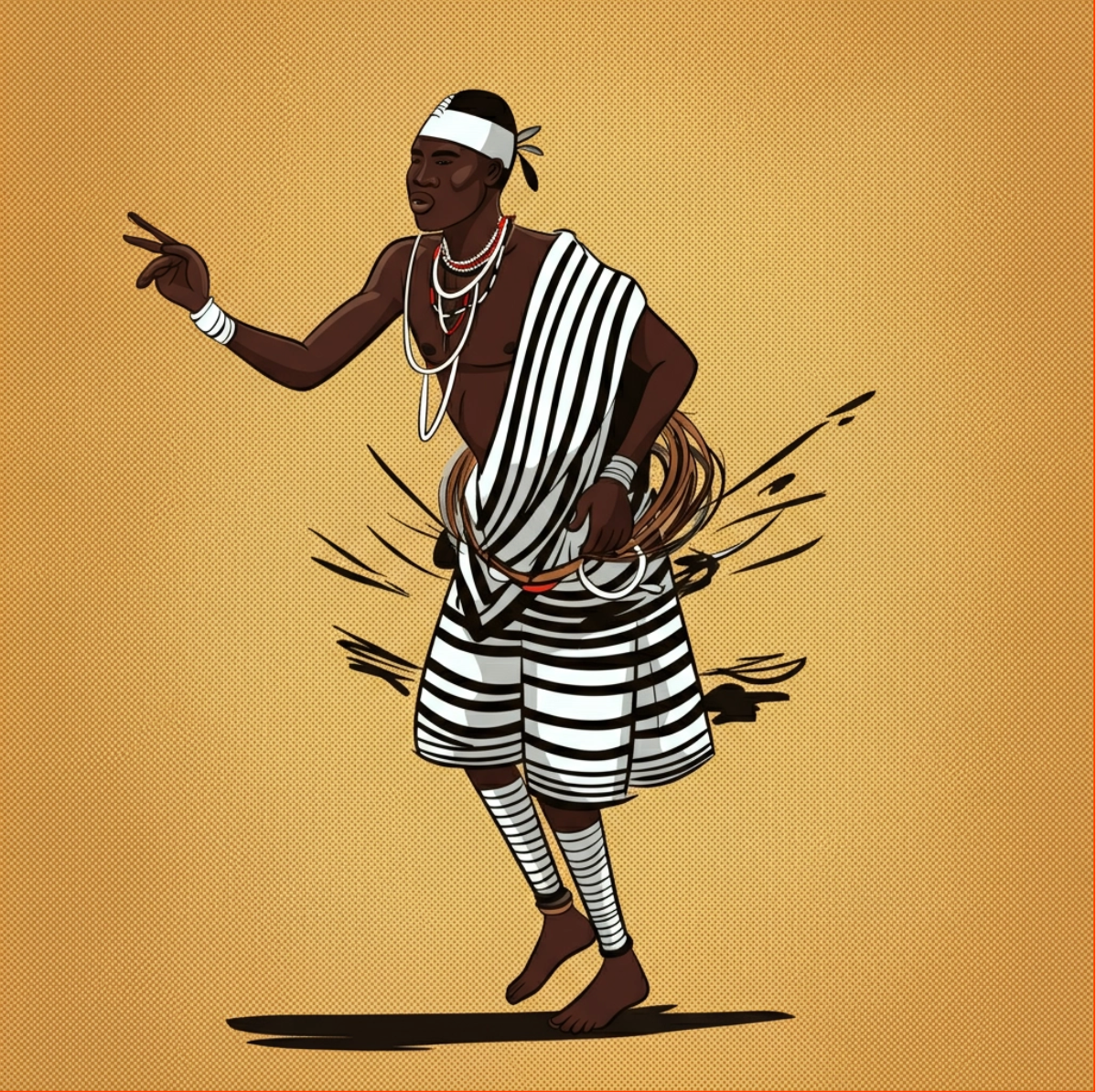 A man in a black and white striped dress is dancing