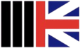 MUTUK logo split in 2 showing left-half 3 horizontal black and white stripes and right-half union jack half red-cross blue and white star
