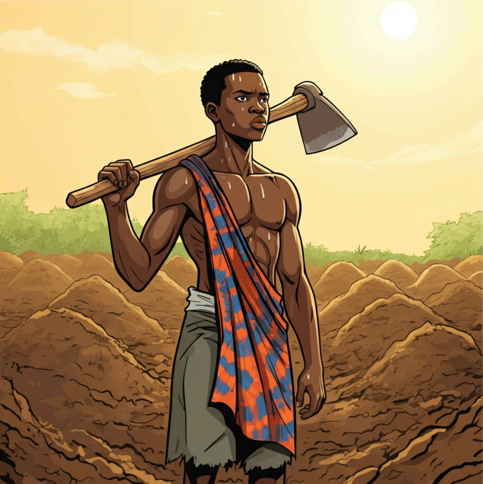 Tiv in midst of his farm on a sunny and hot day with a hoe hanging over his shoulder.