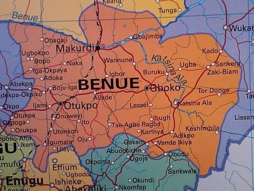 A map of benue is shown on a blue background