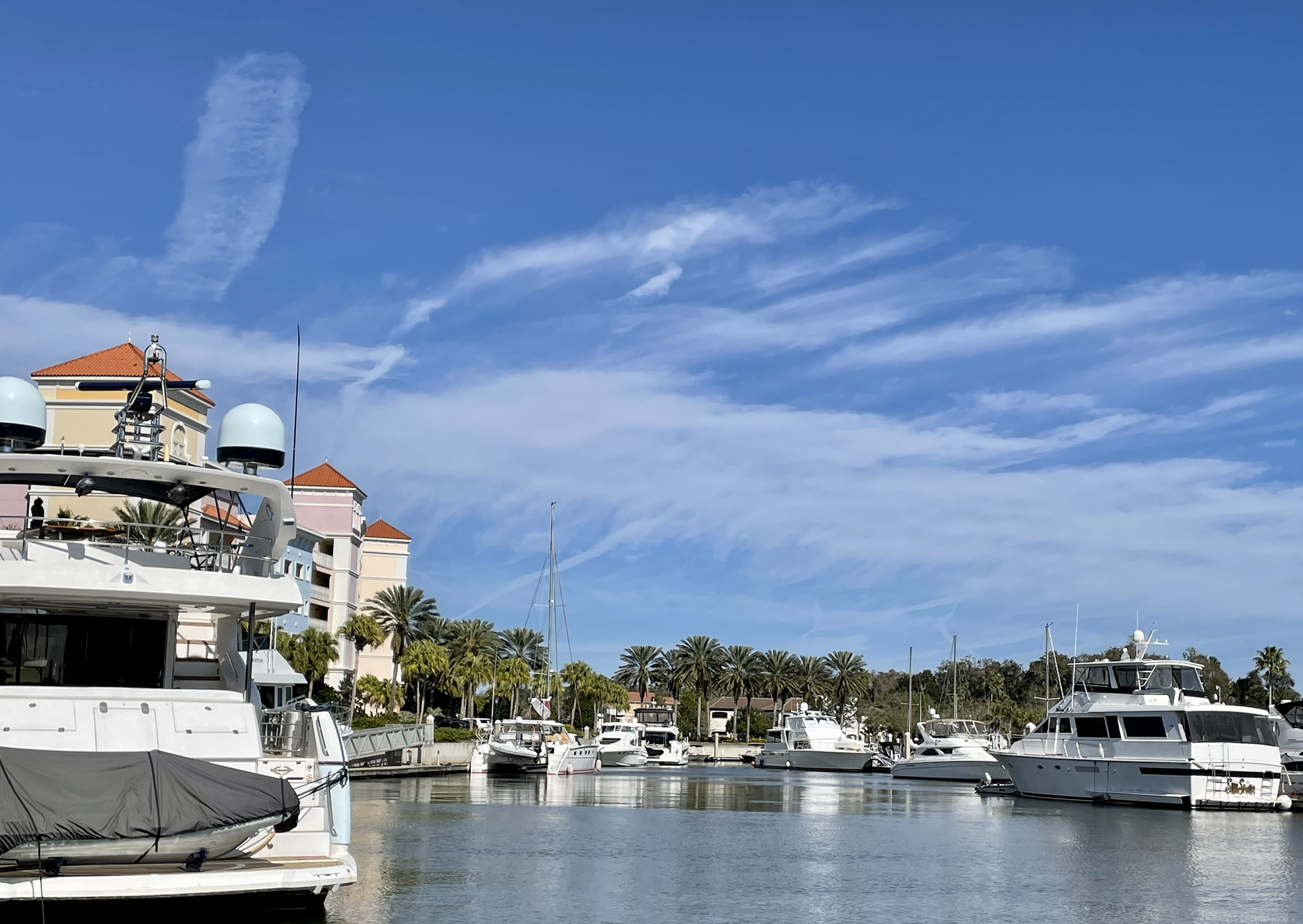 Many boats are docked in a marina on a sunny day