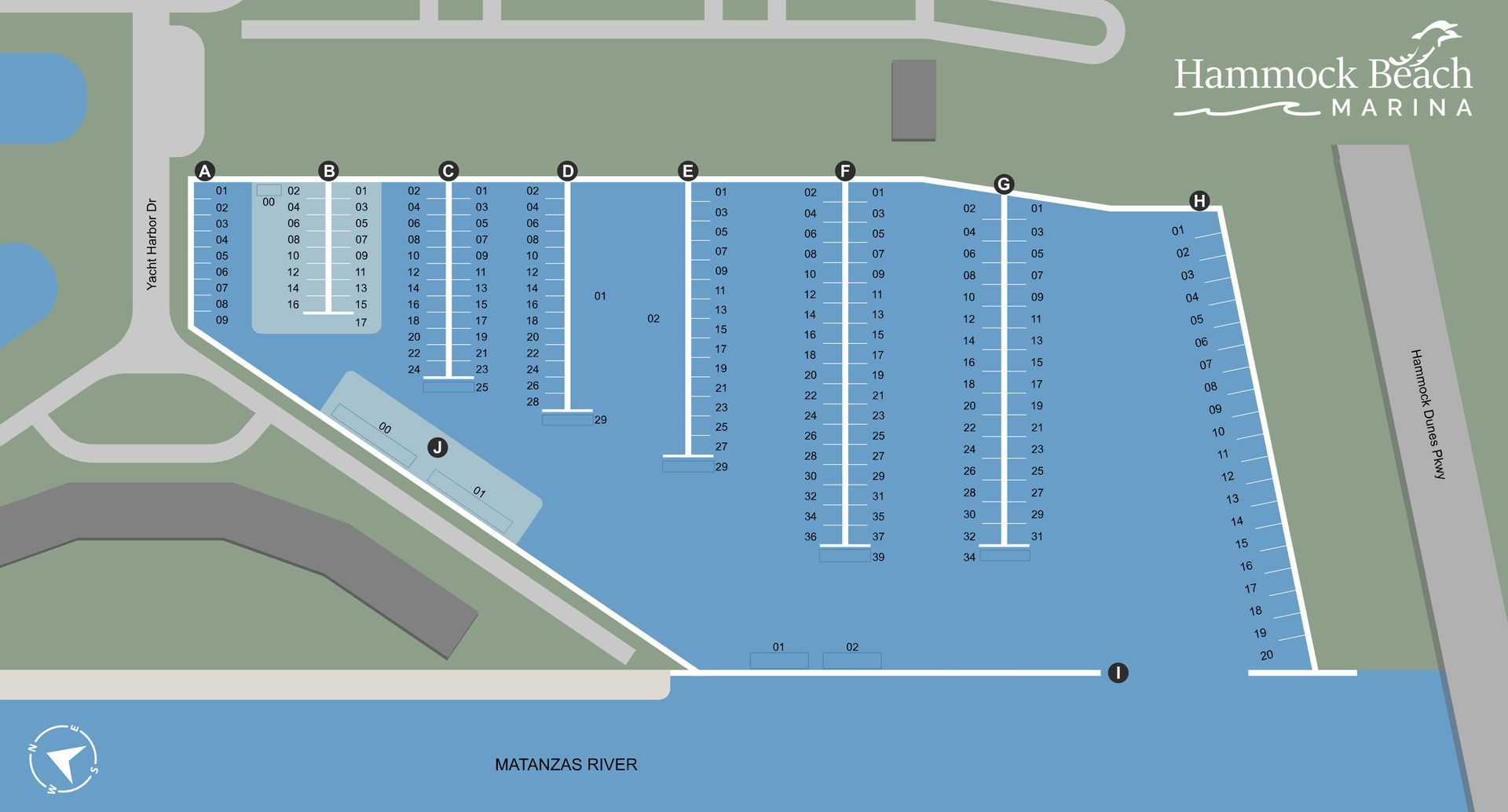 A map of marina slips with boats and palm trees