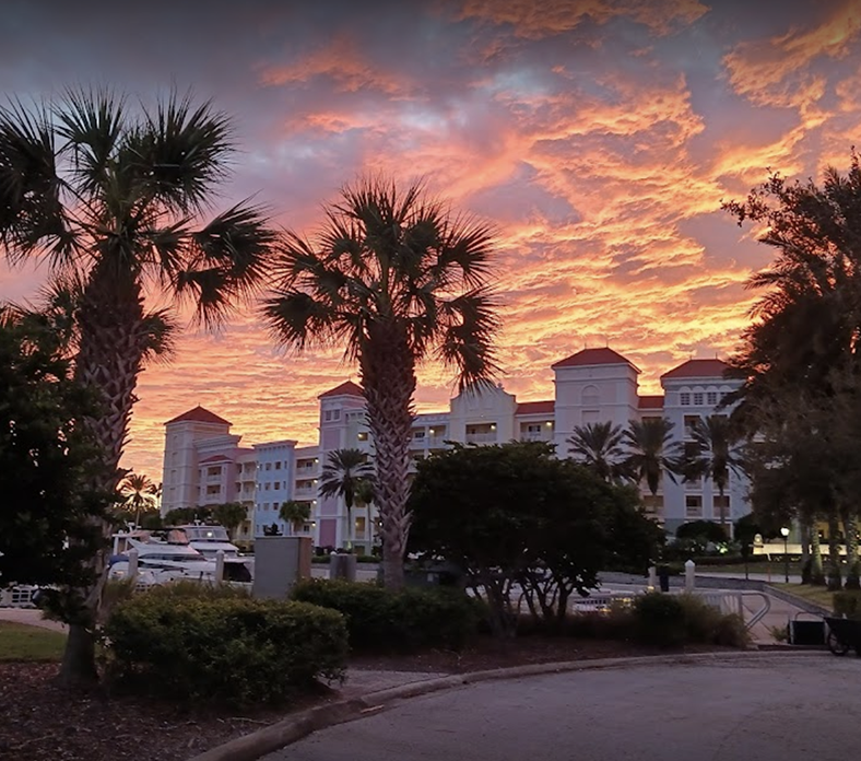 A sunset over a building with palm trees in the foreground