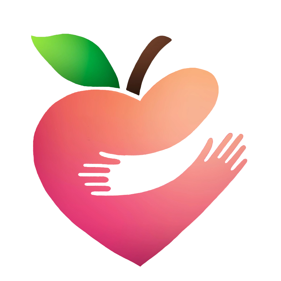 Stylized heart-shaped apple logo with green leaf and hands in pink, peach, and brown