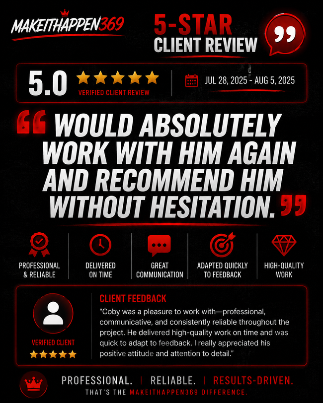 5-star client review graphic with bold quote, red and black design, and 5.0 rating