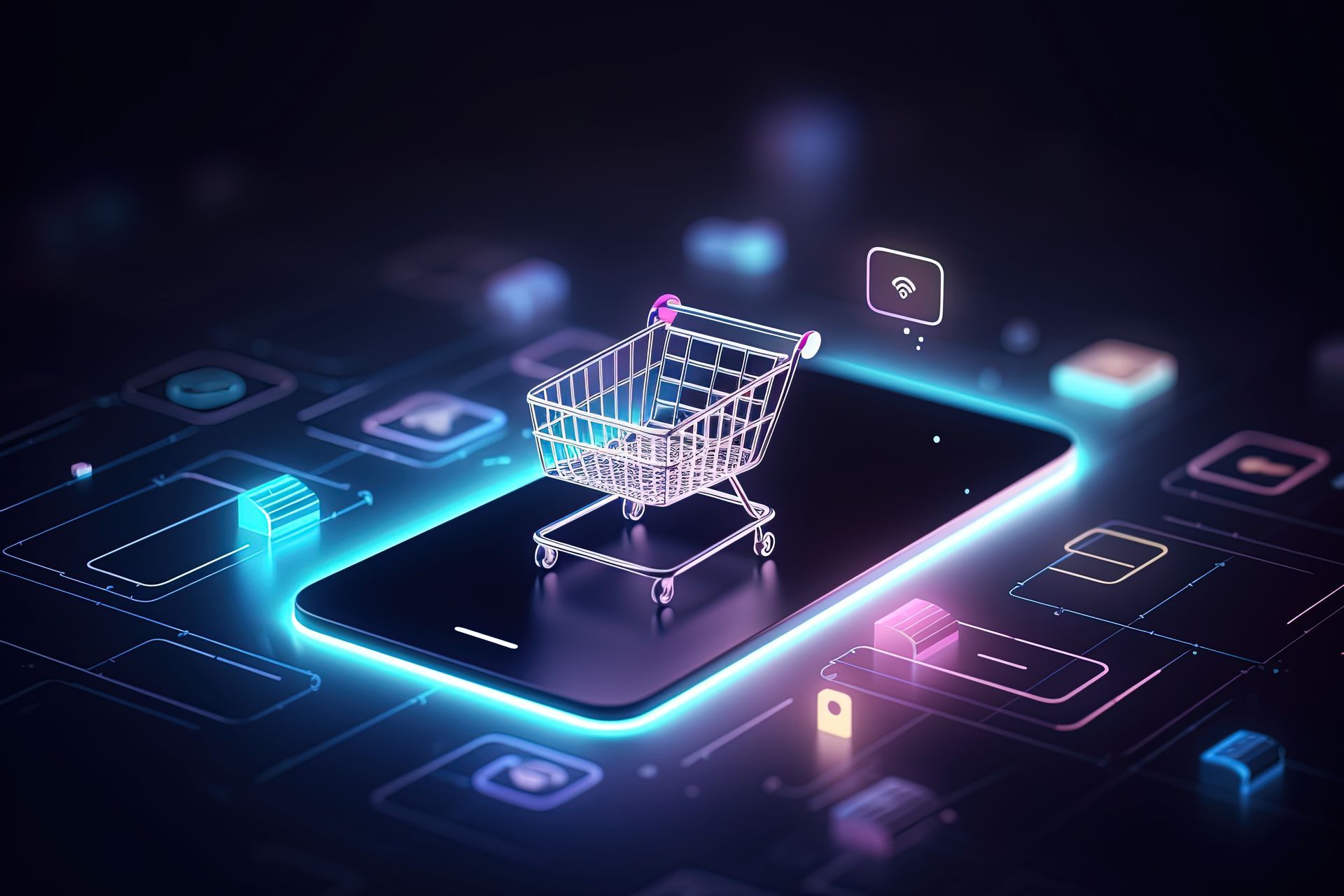 Shopping cart hovering over a glowing smartphone with digital icons on a dark background.