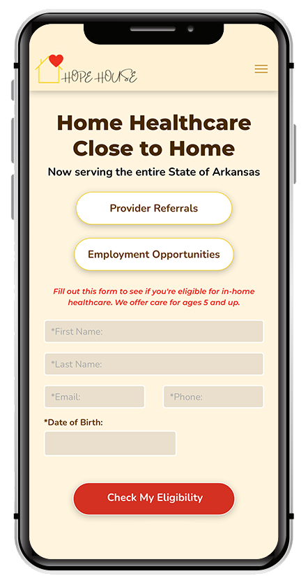 Mobile screen displaying home healthcare information and an eligibility form.