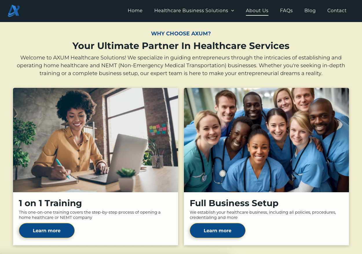 Woman at desk, healthcare professionals in blue scrubs, two services: training and business setup.