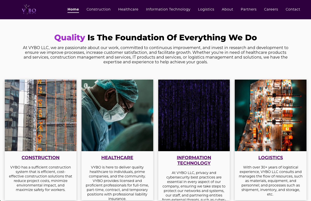 Website home page with sections for construction, healthcare, IT, and logistics, each with an image.