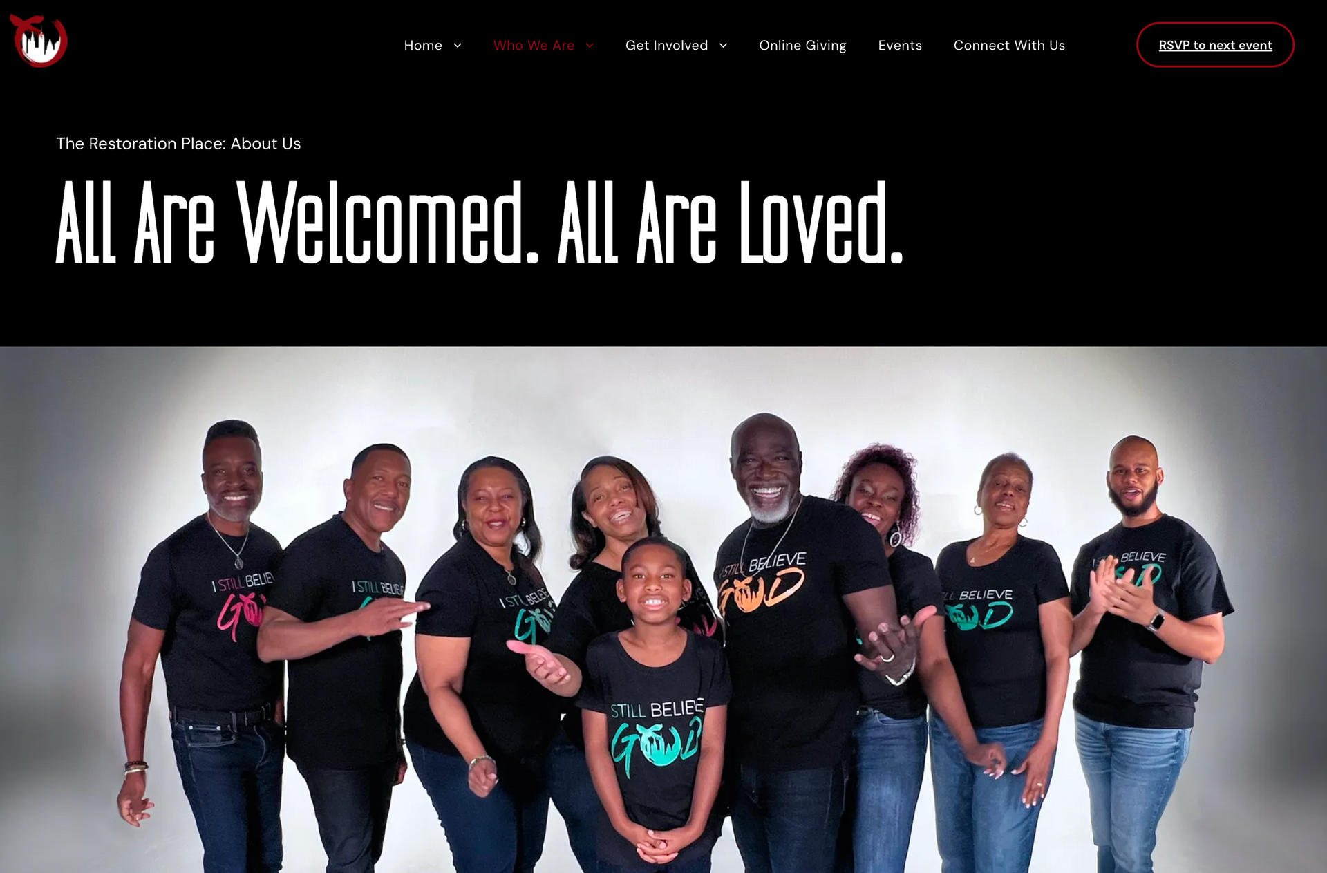 Group of diverse people, black t-shirts, smiling,