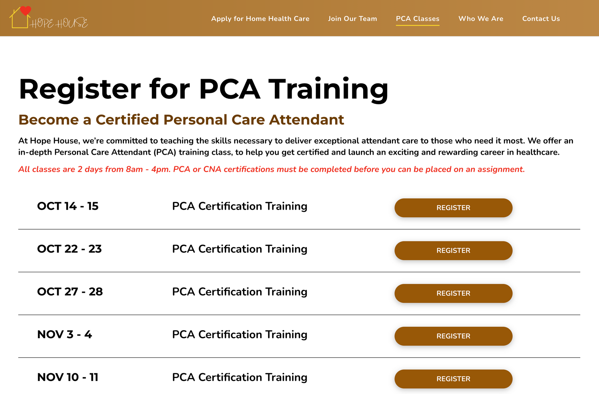 Webpage: Registration for PCA training. Dates and 
