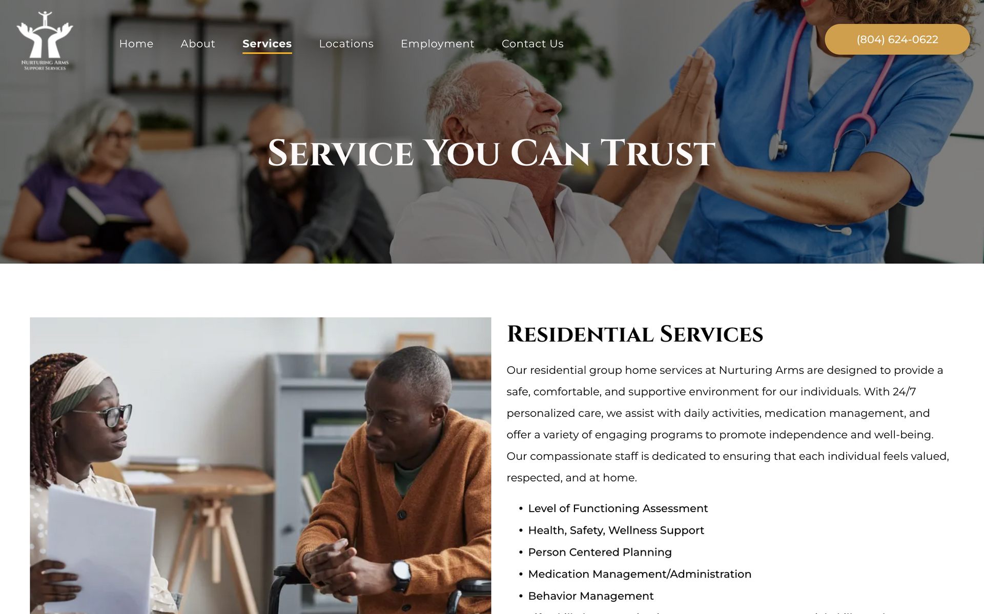Website homepage showing elderly care services: a nurse high-fives an elderly man, with text “Service You Can Trust”.