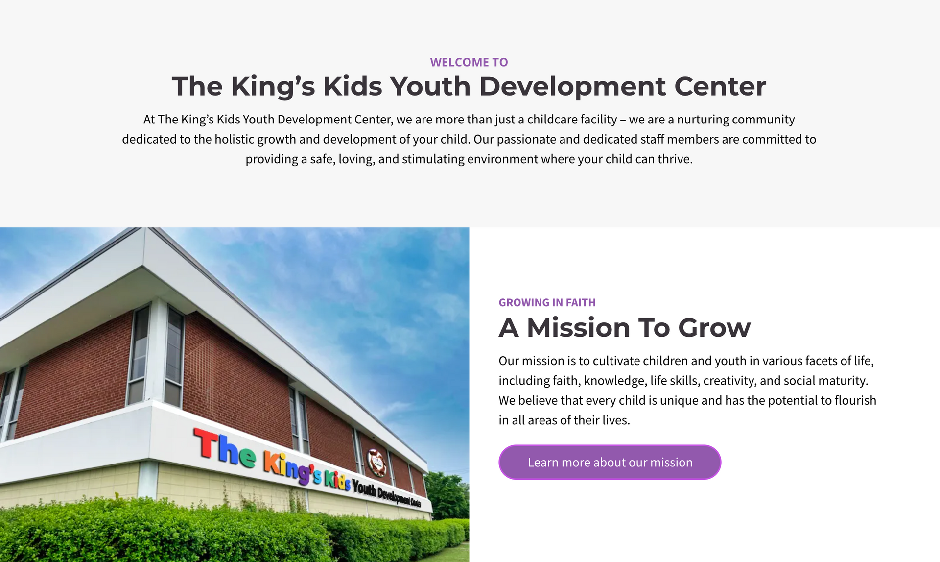 The King's Kids Youth Development Center building, with text 