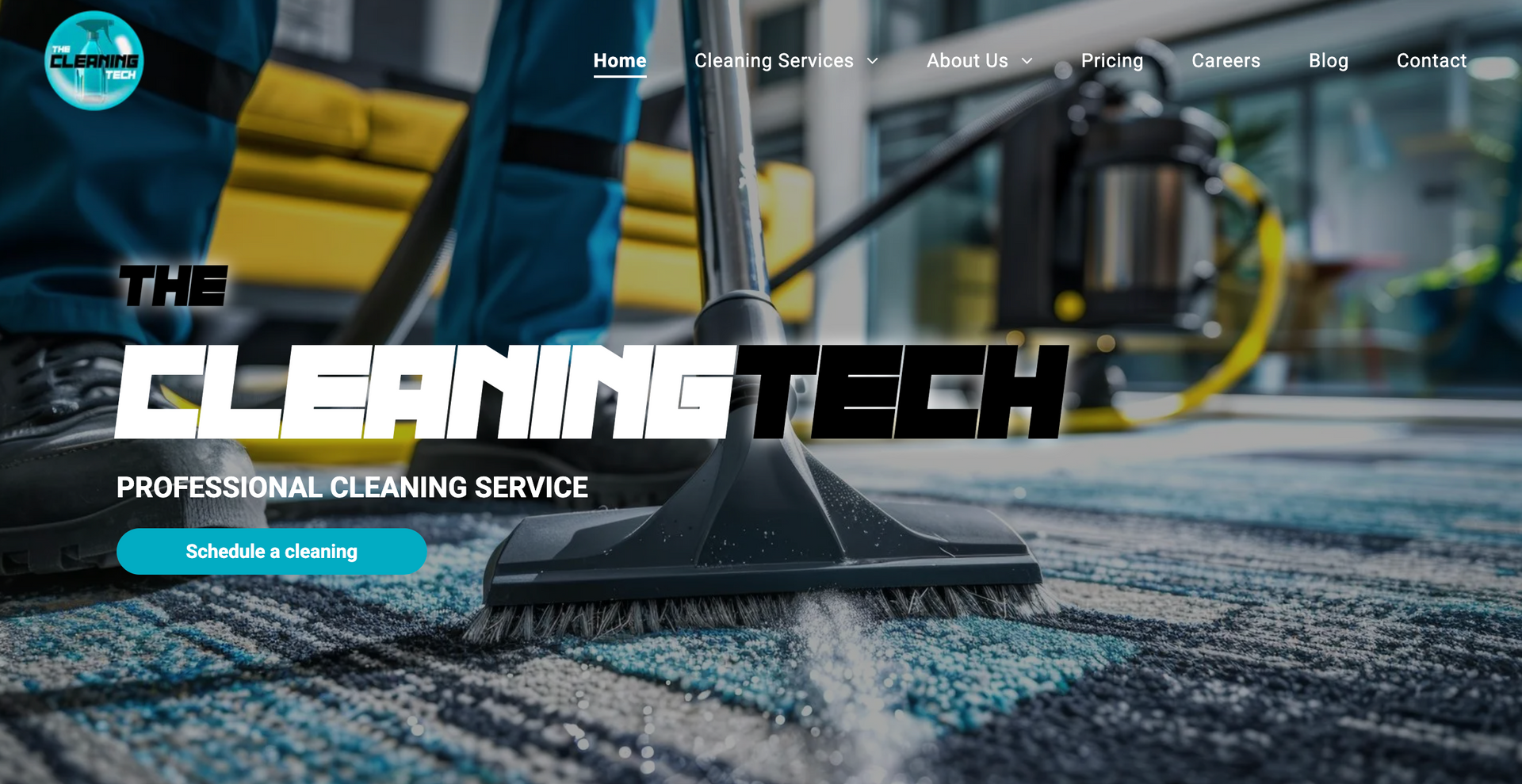 Cleaning technician using a vacuum on a carpet; text: