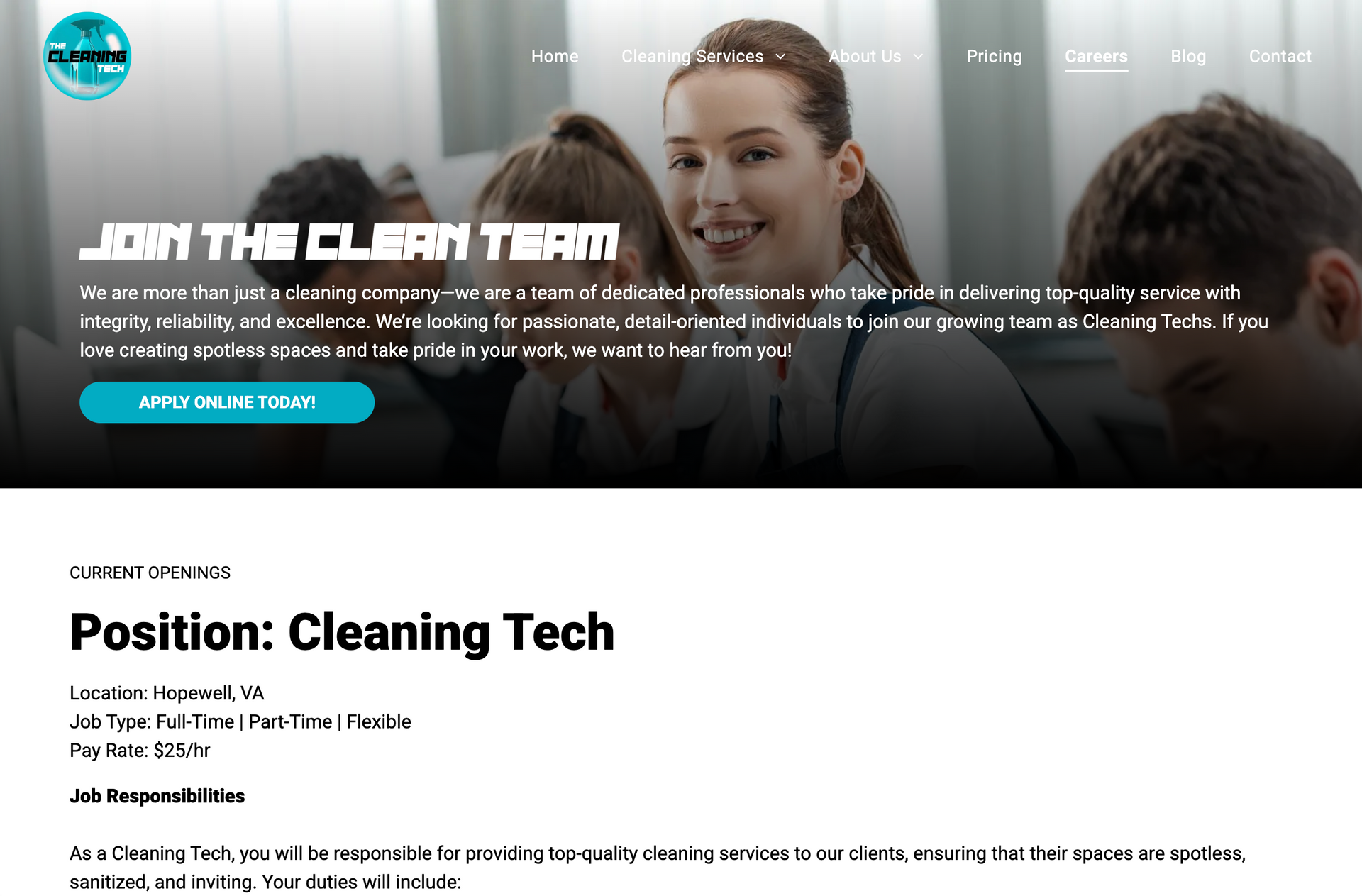 Website recruiting for cleaning tech position, featuring a diverse group.
