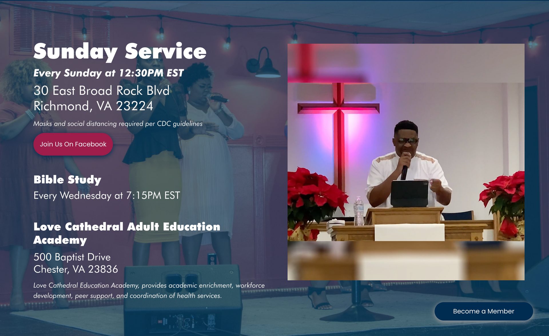Church service announcement with details for Sunday service, Bible study and adult education academy.