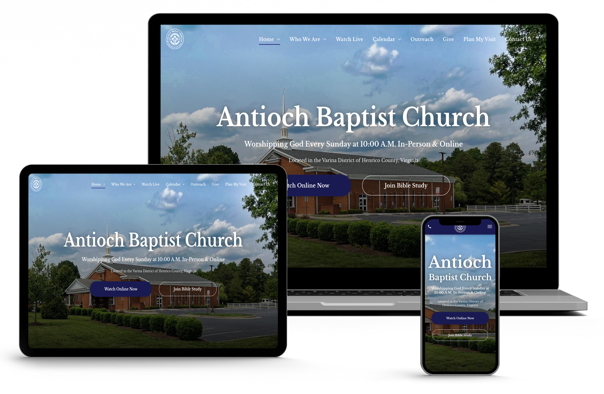 Antioch Baptist Church website design on desktop, tablet, and phone; showcasing the church exterior.