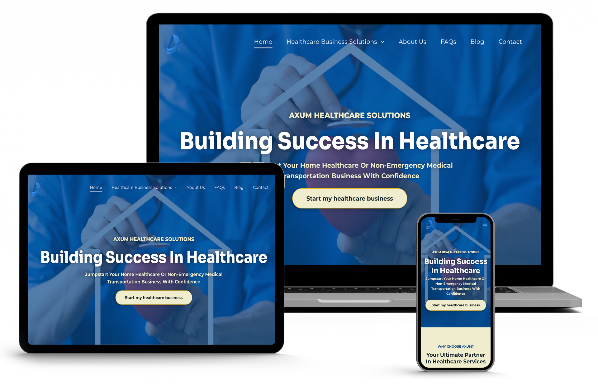 Website design showcasing healthcare solutions on laptop, tablet, and phone screens. Blue tones, text, and graphics.